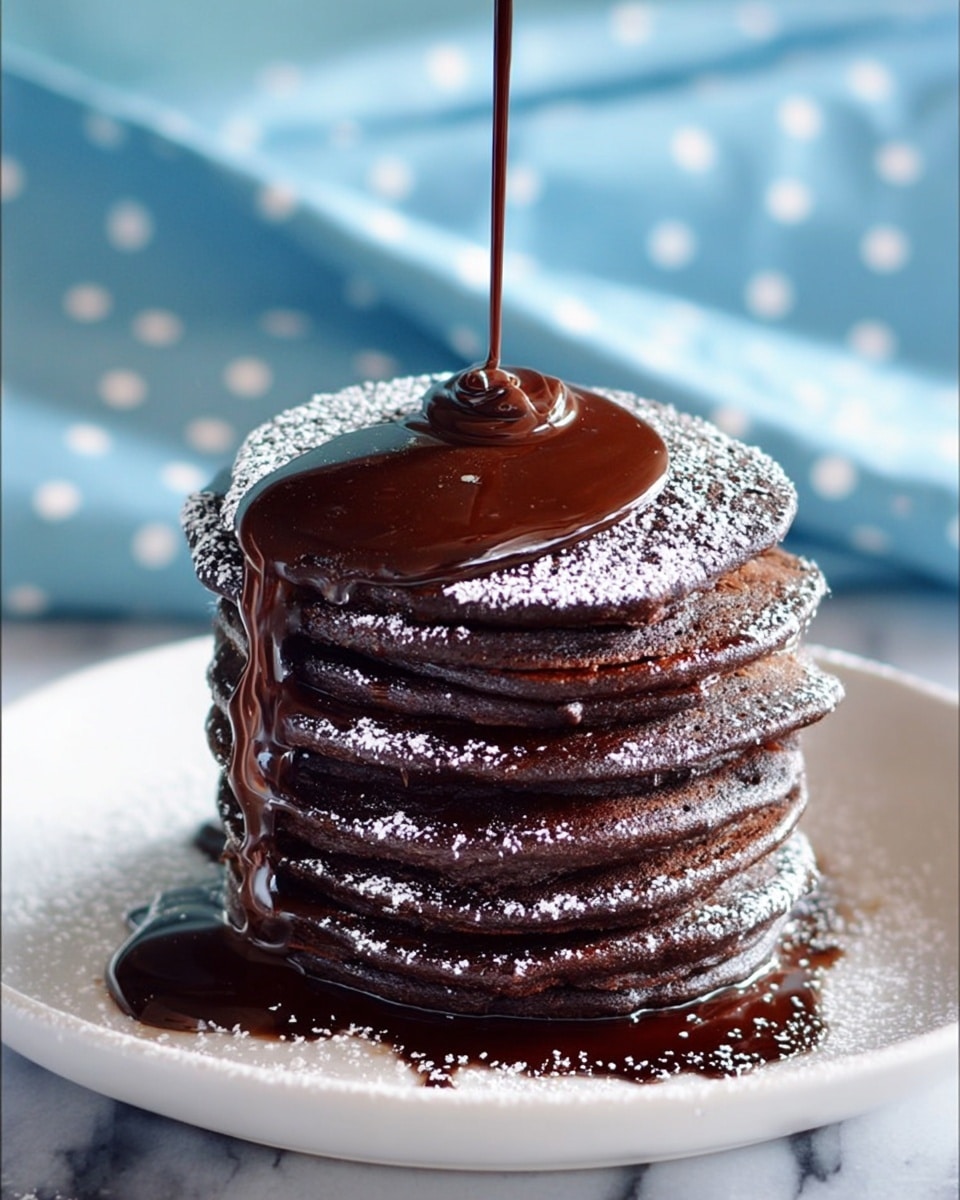 A stack of six dark chocolate pancakes sits centered on a white plate, each pancake thick and rich in color with a slightly rough texture. Between every pancake layer, thick chocolate syrup is spread, glistening and dripping down the sides. The top pancake is dusted with powdered sugar and is receiving a thick stream of chocolate syrup pouring onto its center, running down the sides and pooling on the plate. The setting has a soft, white marbled surface with a sheer blue cloth with small white details in the background. photo taken with an iphone --ar 4:5 --v 7