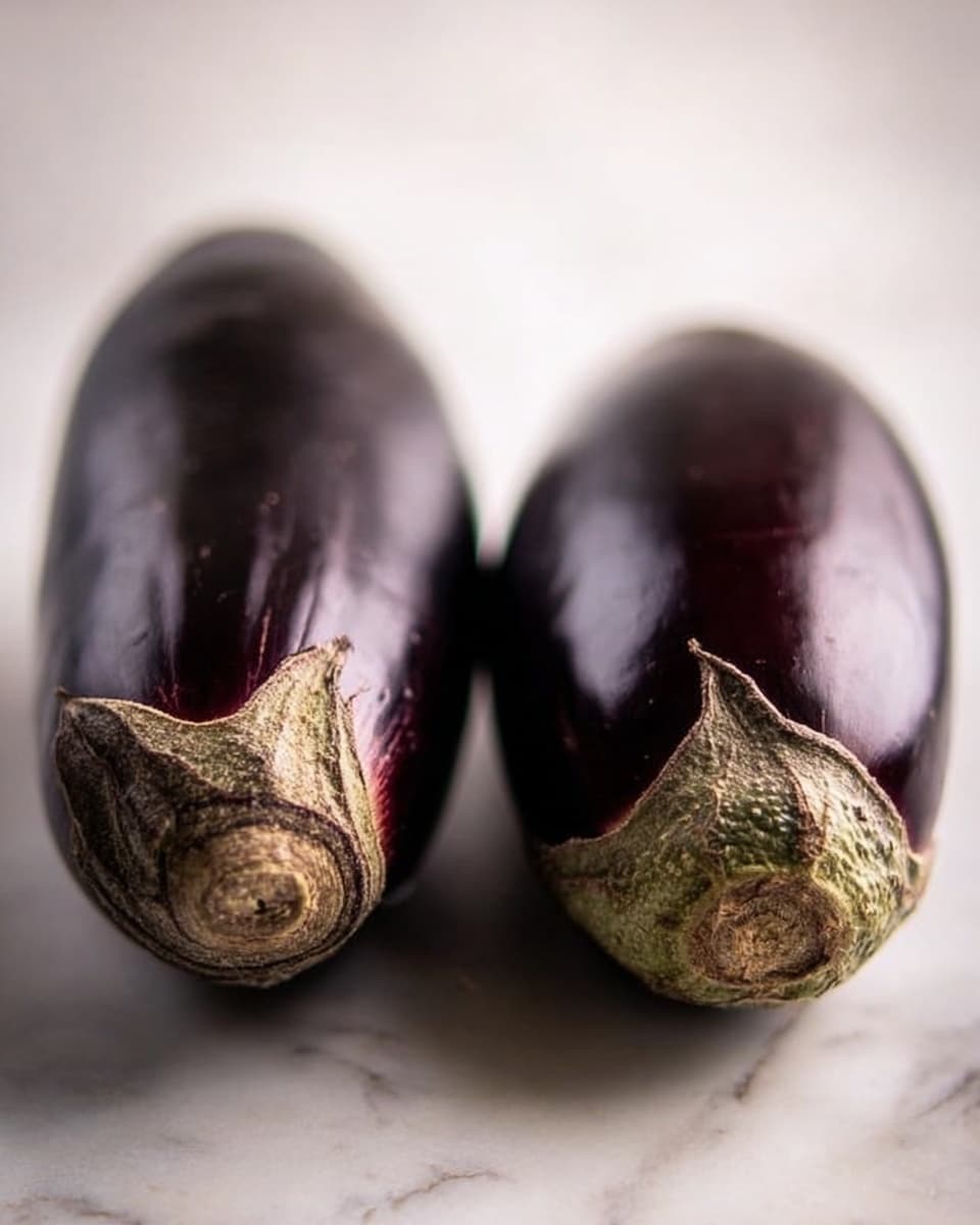 The image shows two eggplants placed side by side on a white marbled surface. Both eggplants have dark purple, smooth, and shiny skin with slightly rough and brownish-green caps at the top. The eggplants are positioned horizontally, close to each other, with the caps facing toward the camera. The background is softly blurred, drawing focus to the texture and colors of the eggplants. The lighting is soft, highlighting the natural shine and curved shapes of the vegetables. photo taken with an iphone --ar 4:5 --v 7