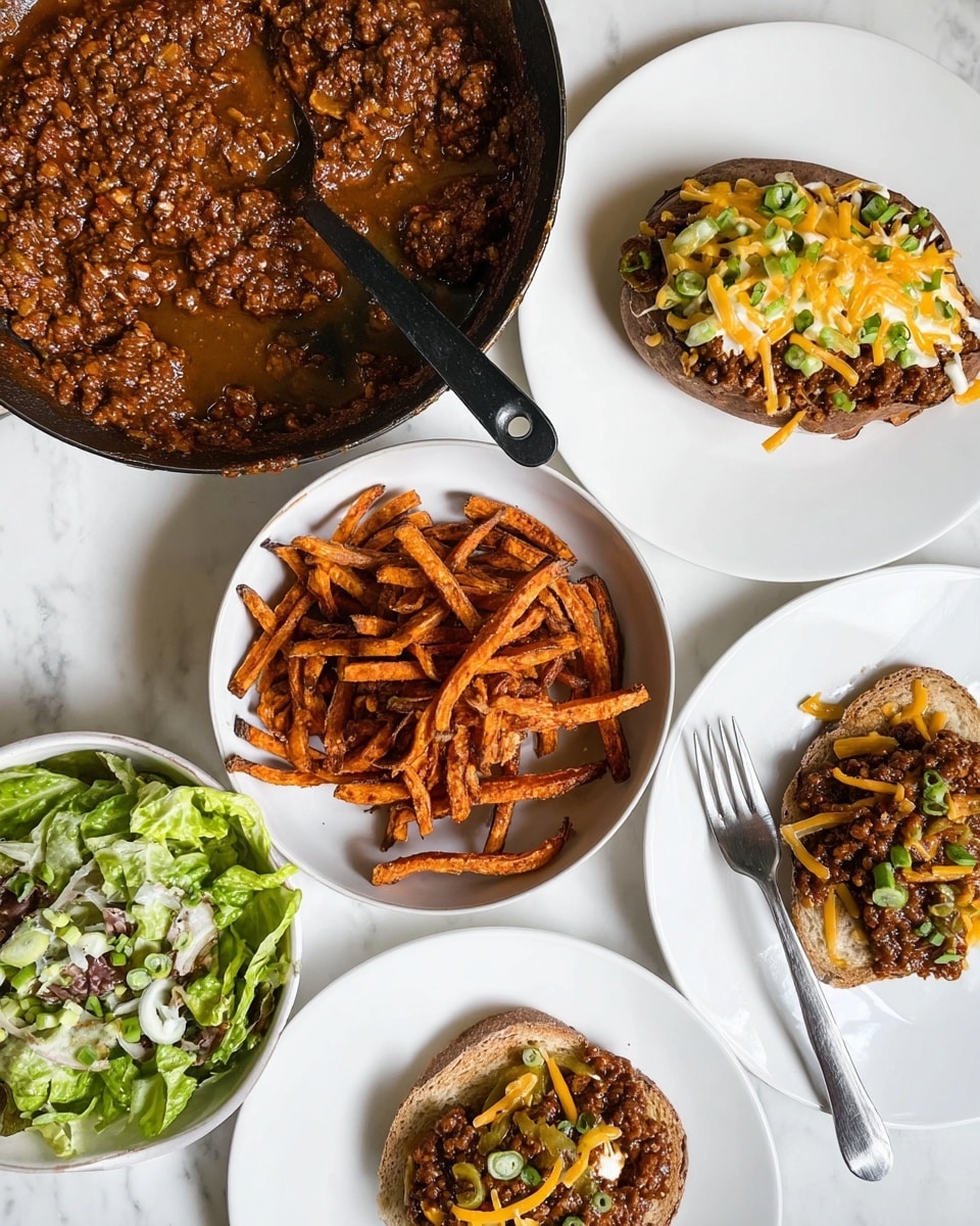 The image shows four plates and a skillet on a white marbled surface. The skillet holds a thick, rich, brown meat sauce with a shiny texture and a black spoon resting inside. To the top right is a white plate with a baked potato topped with the brown meat sauce, shredded yellow cheese, and small green slices. Below that is another white plate with sweet potato fries piled in a loose nest shape. On top of the fries are layers of the brown meat sauce, creamy white sauce, and small green slices. To the bottom left is a white bowl with fresh green lettuce leaves covered with brown meat sauce, creamy white sauce, and small green slices. Lastly, near the bottom right is a white plate with a slice of bread topped with the same brown meat sauce, shredded yellow cheese, and small green slices. A silver fork is placed on the right side of the plate with sweet potato fries. photo taken with an iphone --ar 4:5 --v 7