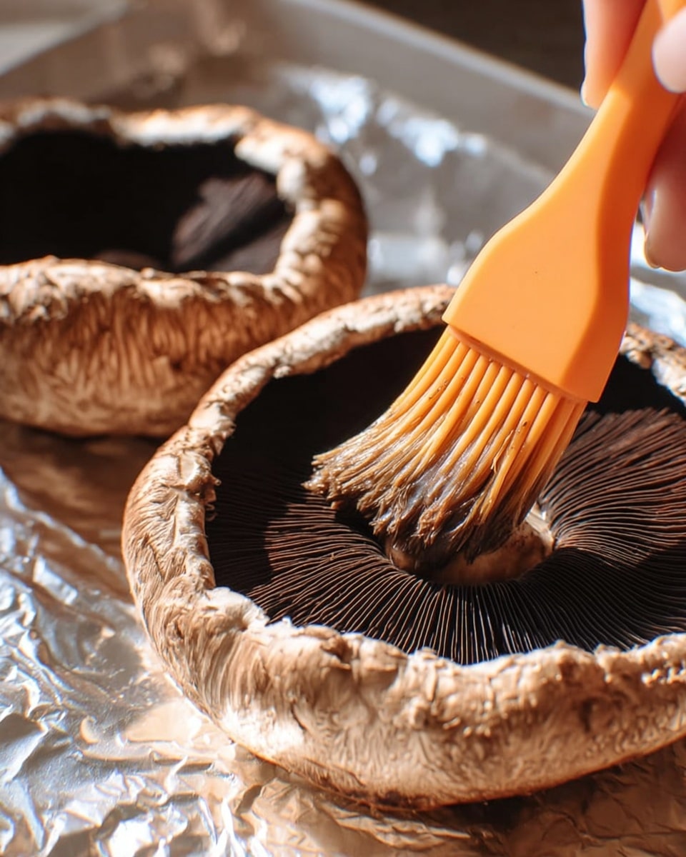 The image shows a close-up of two large brown mushrooms lying on shiny silver foil. The mushrooms have dark black gills on the inside and light brown textured caps outside. An orange silicone brush held by a woman's hand is applying some liquid or oil to the curved edge of the closest mushroom. The background has a soft, out-of-focus light tone. photo taken with an iphone --ar 4:5 --v 7