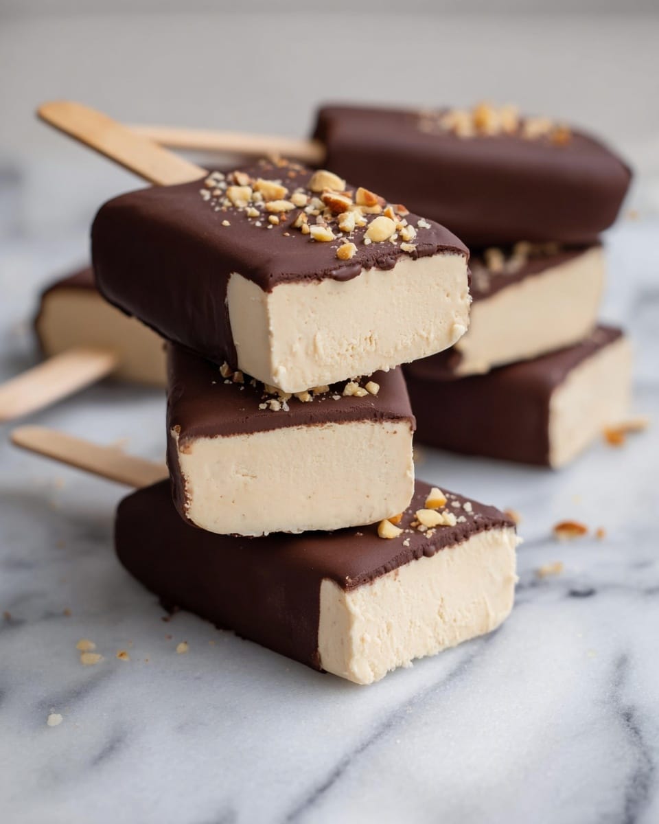 The image shows five layered ice cream bars stacked on a white marbled surface. Each bar has two layers: a creamy light beige inside and a dark chocolate coating covering one end. The chocolate section is smooth and shiny with small pieces of crushed nuts sprinkled on top. The creamy layer looks soft and smooth with subtle ridges along the edges. The wooden sticks are light and hold the bars horizontally, with one ice cream bar lying flat in front and the rest stacked upright behind it, creating a sense of depth. The focus is sharp on the ice cream bars, and the background is softly blurred, photo taken with an iphone --ar 4:5 --v 7