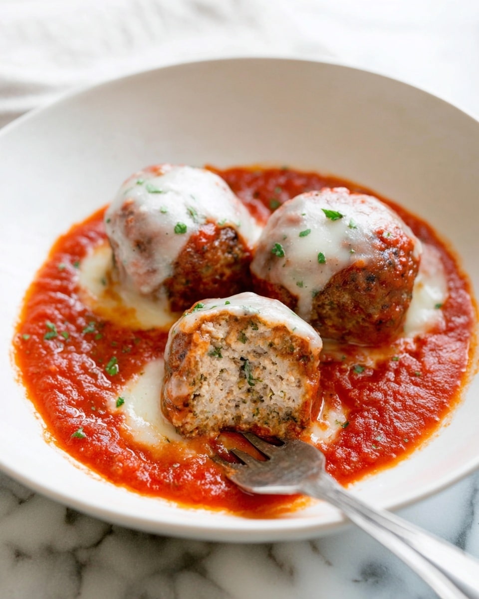 The image shows three round meatballs sitting in a pool of bright red tomato sauce in a white bowl, with melted white cheese draped over each meatball. The meatball in the front is partially bitten, revealing a light brown and slightly crumbly inside with green herbs. Small green herbs are sprinkled over the sauce and cheese. A silver fork rests on the edge of the bowl, partially covered by the sauce. The bowl is placed on a white marbled surface. Photo taken with an iphone --ar 4:5 --v 7