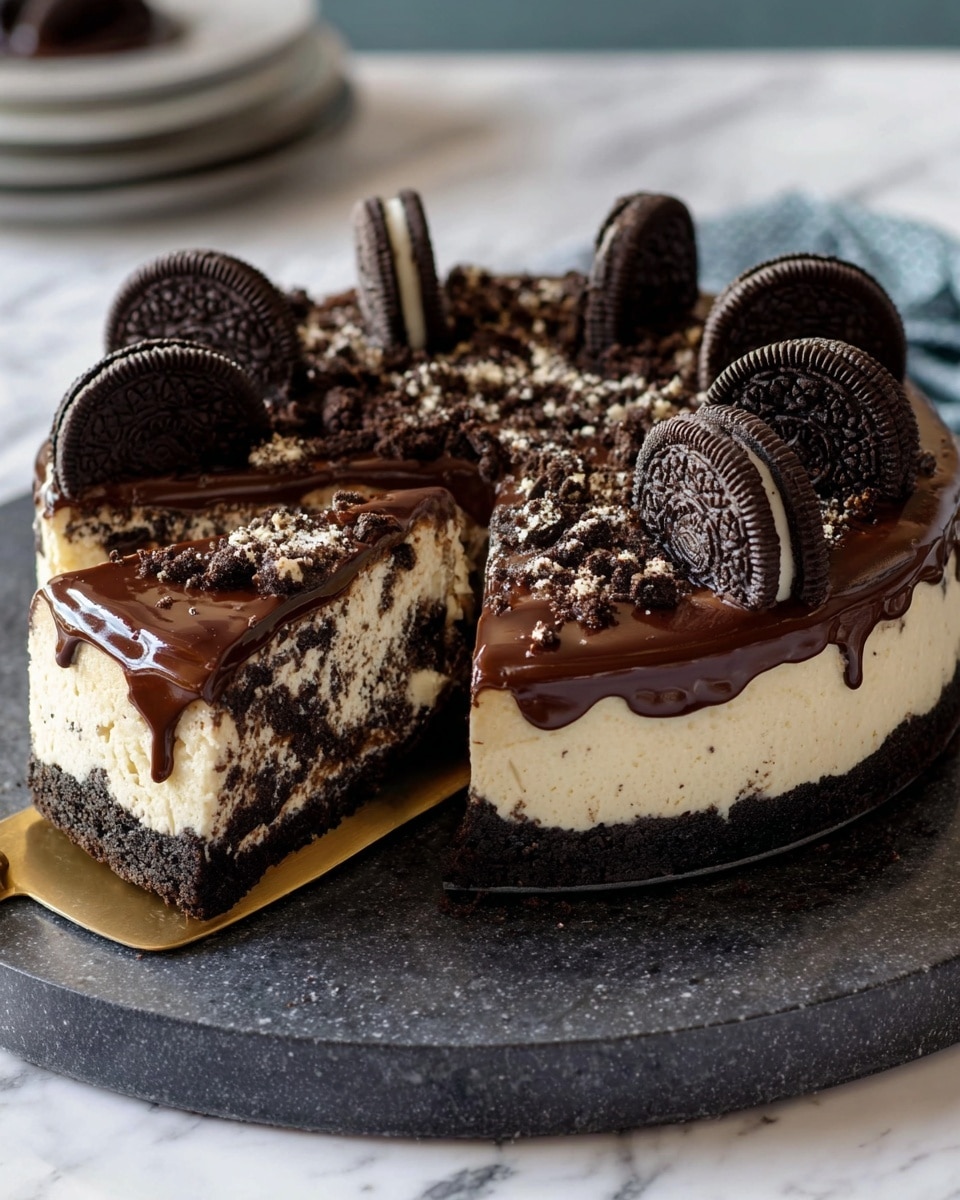 A round layered cake with three visible layers sitting on a round dark marble board on a white marbled surface. The bottom layer is thick, dark chocolate cookie crust with a rough texture. The middle layer is creamy off-white cheesecake mixed with crushed dark cookie pieces, smooth and dense. The top layer is a glossy dark chocolate ganache spread evenly, decorated with halved dark chocolate sandwich cookies placed upright around the edge and extra crushed cookie crumbs sprinkled in the middle. A gold cake server is sliding under one slice, lifting it slightly from the cake. Photo taken with an iphone --ar 4:5 --v 7