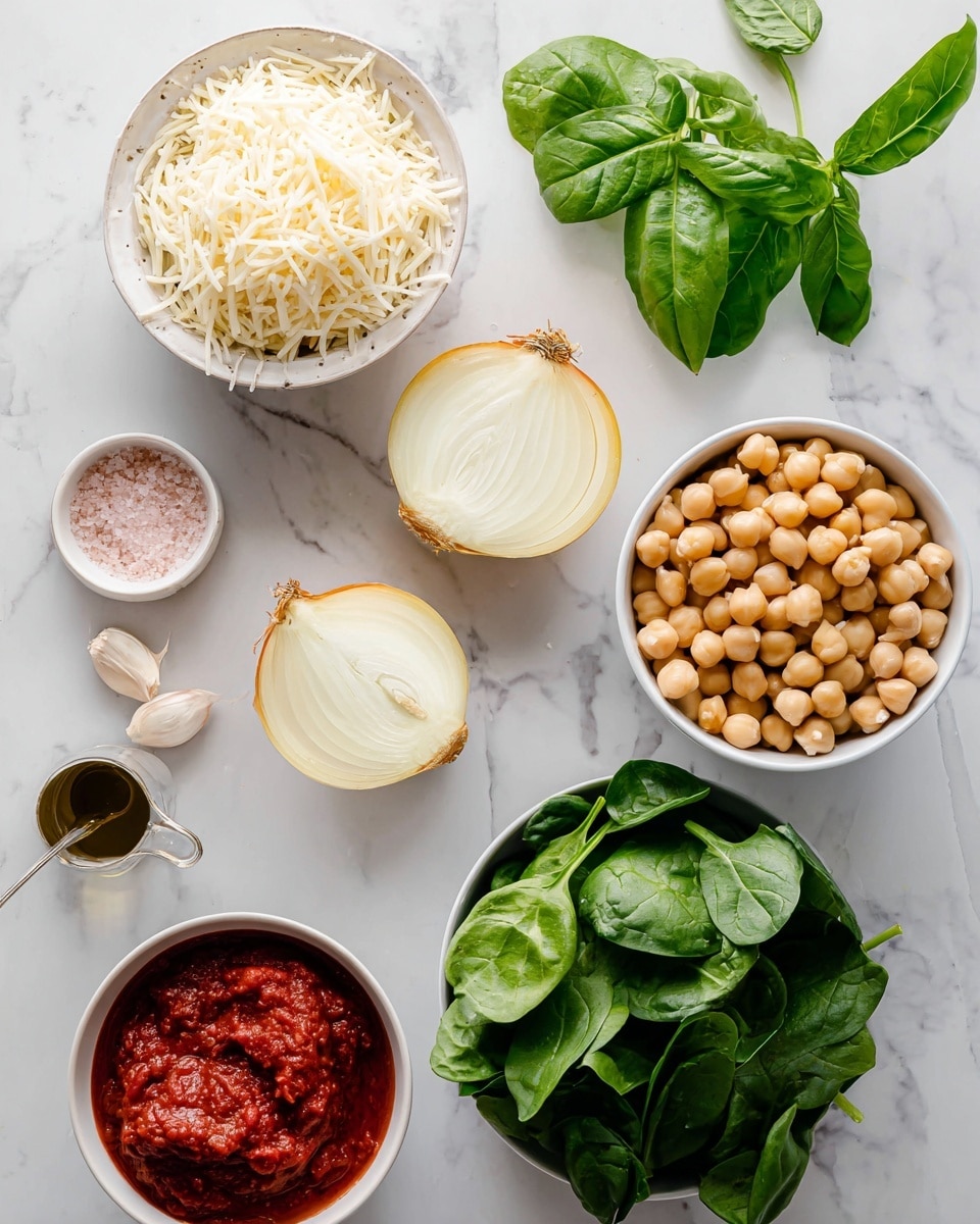 The image shows several fresh ingredients on a white marbled surface arranged neatly. There are two halves of a yellow onion placed near the center, showing their layered, light yellow inside. Above them, a bowl filled with fine white shredded cheese sits. On the right side, fresh green basil leaves are arranged next to a white bowl full of beige chickpeas. Below these, another white bowl contains fresh dark green spinach leaves. To the left, there are three garlic cloves placed near a small white container of red tomato paste. Also visible is a small measuring cup with dark golden olive oil and a round container of pink salt with a small silver spoon inside. The scene is calm and neat, focusing on fresh, natural colors and textures, photo taken with an iphone --ar 4:5 --v 7