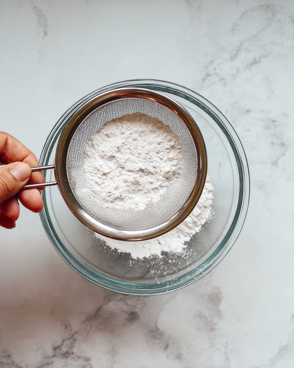 A close-up image shows a woman's hand holding a round metal sieve filled with fine white powder over a transparent glass bowl. The sieve is held horizontally, allowing some powder to fall through the mesh into the bowl below. The background and surface are a white marbled texture, providing a clean, bright setting for the scene. photo taken with an iphone --ar 4:5 --v 7