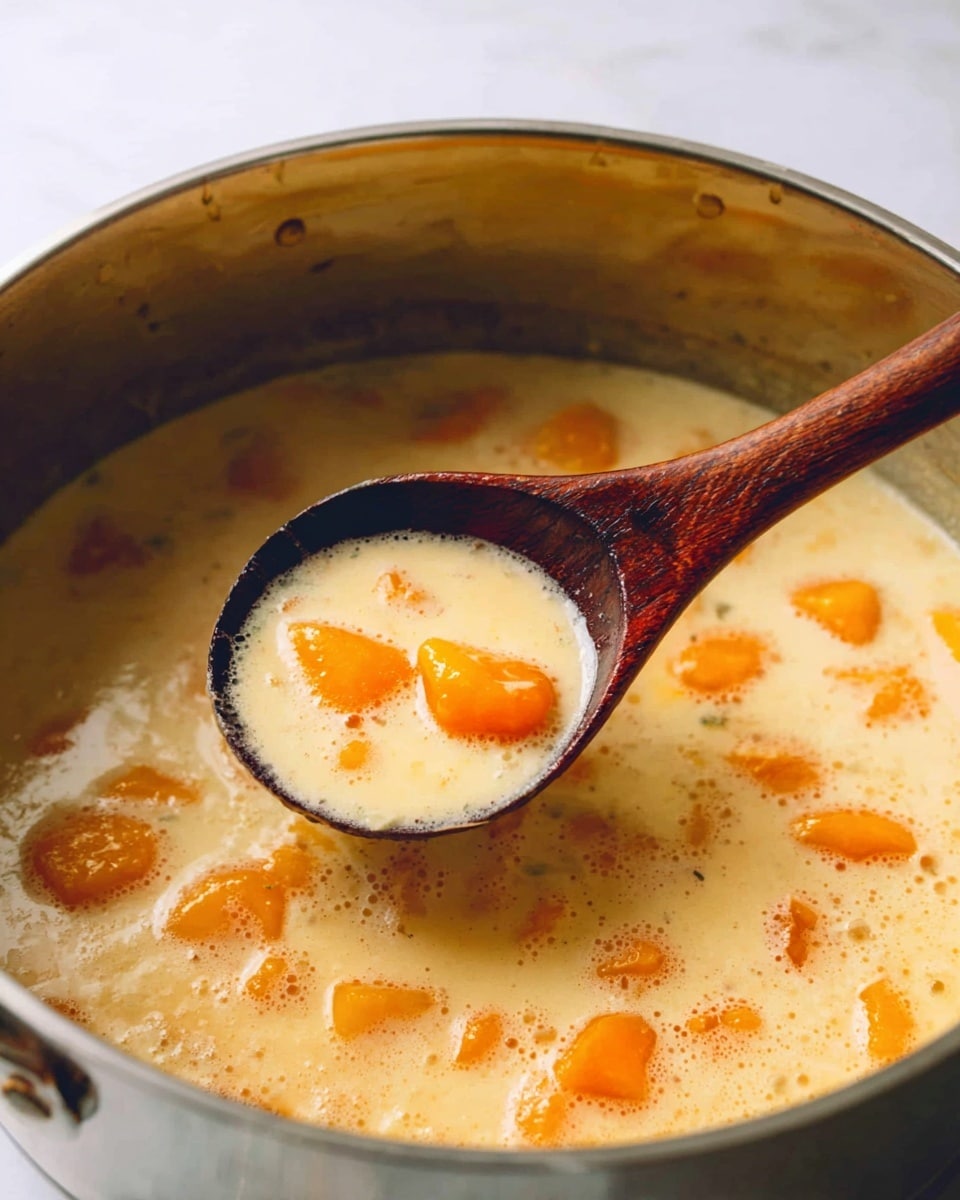 The image shows a large stainless steel pot filled with a creamy soup containing bright orange chunks evenly spread throughout the liquid. A dark wooden spoon with a round bowl is held above the soup, lifting some of the creamy mixture with a few small bits visible in the spoon. The soup’s surface has a smooth and slightly frothy texture, and the pot rests on a white marbled surface. The lighting highlights the warm orange color of the chunks and the light creamy color of the soup base. photo taken with an iphone --ar 4:5 --v 7