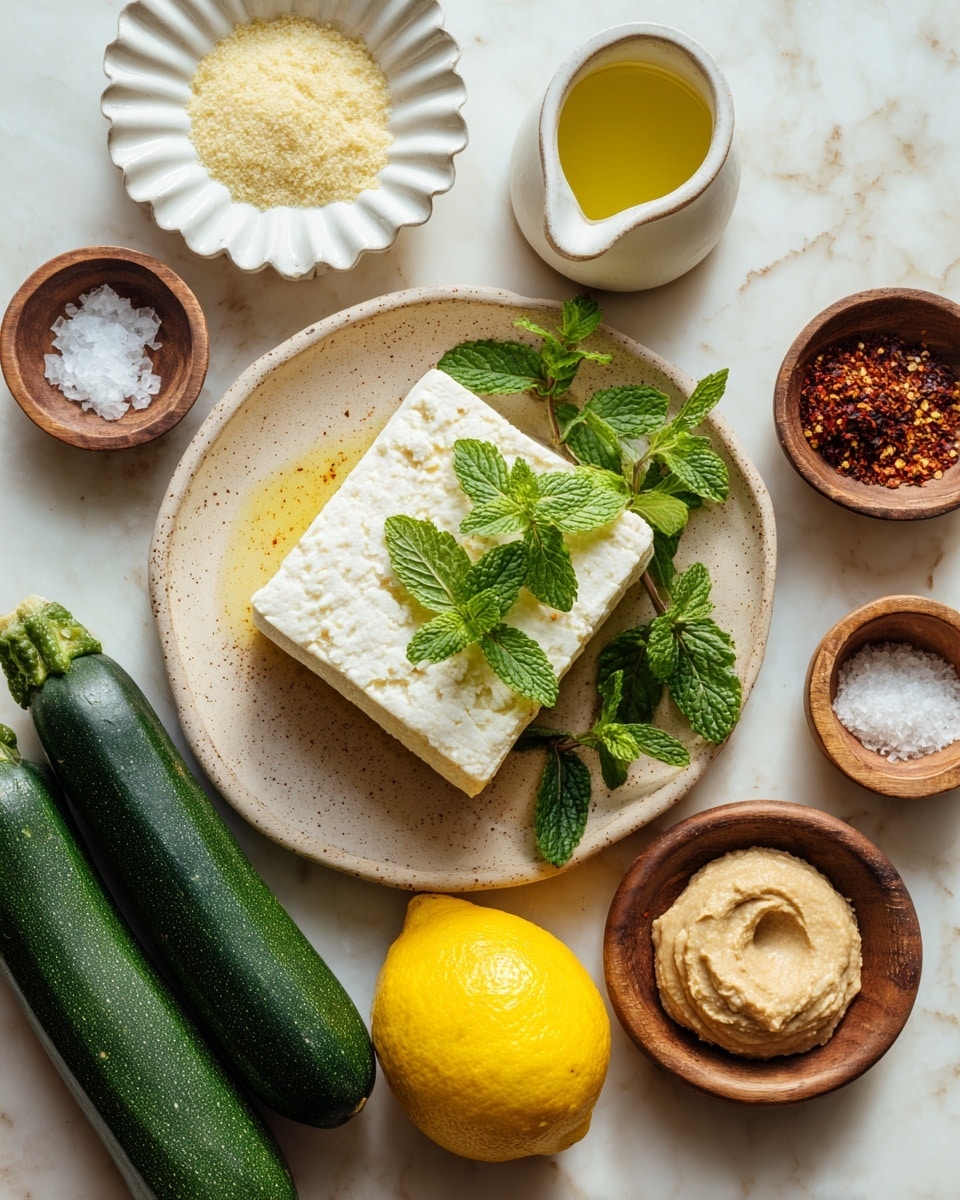 A flat beige plate with speckled texture holds a thick square block of tofu in the center, topped with a bunch of bright green mint leaves with stems and small buds. Around the plate, on the white marbled surface, sit two dark green zucchinis with a shiny, smooth skin at the bottom left, and a bright yellow lemon to the right of them. Above the zucchinis, there is a small white ceramic cup filled with light yellow olive oil. Near the top left, a white scalloped dish holds a crumbly, pale yellow powder. Three small wooden bowls filled with white coarse salt, fine white salt, and dark red chili flakes are arranged near the top and right side. At the bottom right, a smaller white bowl contains thick tan-colored miso paste. photo taken with an iphone --ar 4:5 --v 7
