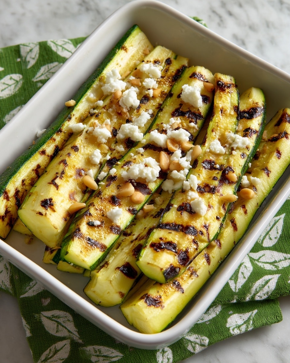 The dish shows grilled zucchini cut into long strips arranged in two neat rows inside a white rectangular dish. The zucchini pieces have a yellow-green color with dark brown grill marks, showing slight charring on some edges. Scattered over the zucchini are small white crumbles of cheese and light beige pine nuts, adding texture contrast. The white dish rests on a green cloth with a white leaf pattern, placed on a white marbled surface. Photo taken with an iphone --ar 4:5 --v 7