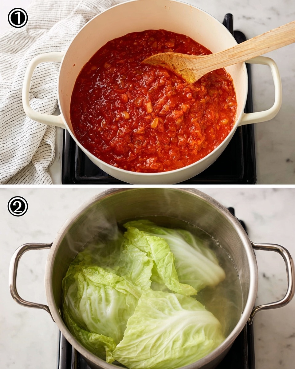 The top part shows a white pot filled with thick, red tomato sauce in one layer with visible small bits of onions and vegetables mixed in, being stirred by a wooden spoon resting on the right side of the pot's inside. The bottom part shows a metal pot with several large, light green cabbage leaves layered and floating in clear boiling water, with steam rising slightly. Both pots sit on a stovetop set on a white marbled surface with a white and gray towel nearby. Photo taken with an iphone --ar 4:5 --v 7