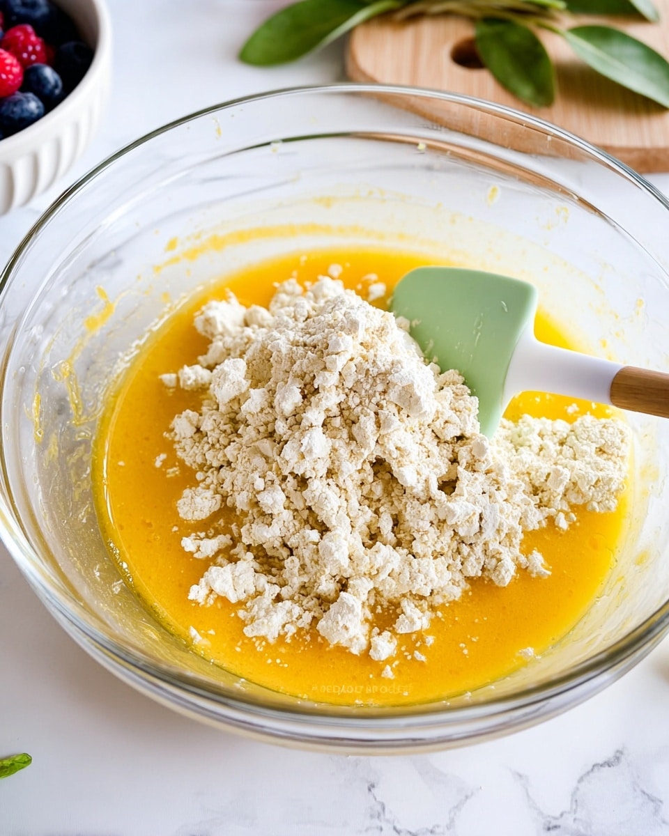A clear glass bowl on a white marbled surface holds two main layers: the bottom layer is a bright yellow-orange liquid with a smooth texture, and on top of it is a pile of crumbly white tofu with a slightly grainy look. A light green silicone spatula is submerged on the right side, resting inside the bowl. In the background, part of a white bowl with berries is visible along with some green leafy sprigs on a wooden board. The scene is bright and clean, showing the mixing process of ingredients. Photo taken with an iphone --ar 4:5 --v 7