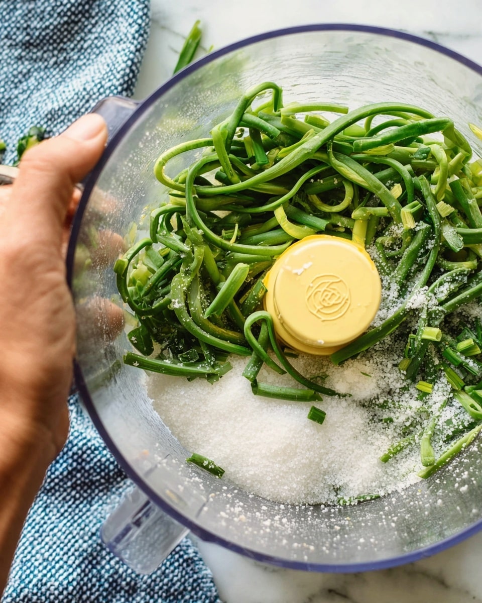 Inside a clear food processor bowl, fresh green garlic scapes are mixed with coarse white salt crystals, creating a contrast of bright green and sparkling white. The scapes are long and curved, scattered unevenly over the salt, which covers about half the bottom. A yellow plastic mixer blade sits in the center, adding a pop of soft color. On the right side, a woman's hand holds the bowl, and the background shows a white marbled texture underneath a blue and white textured cloth. photo taken with an iphone --ar 4:5 --v 7