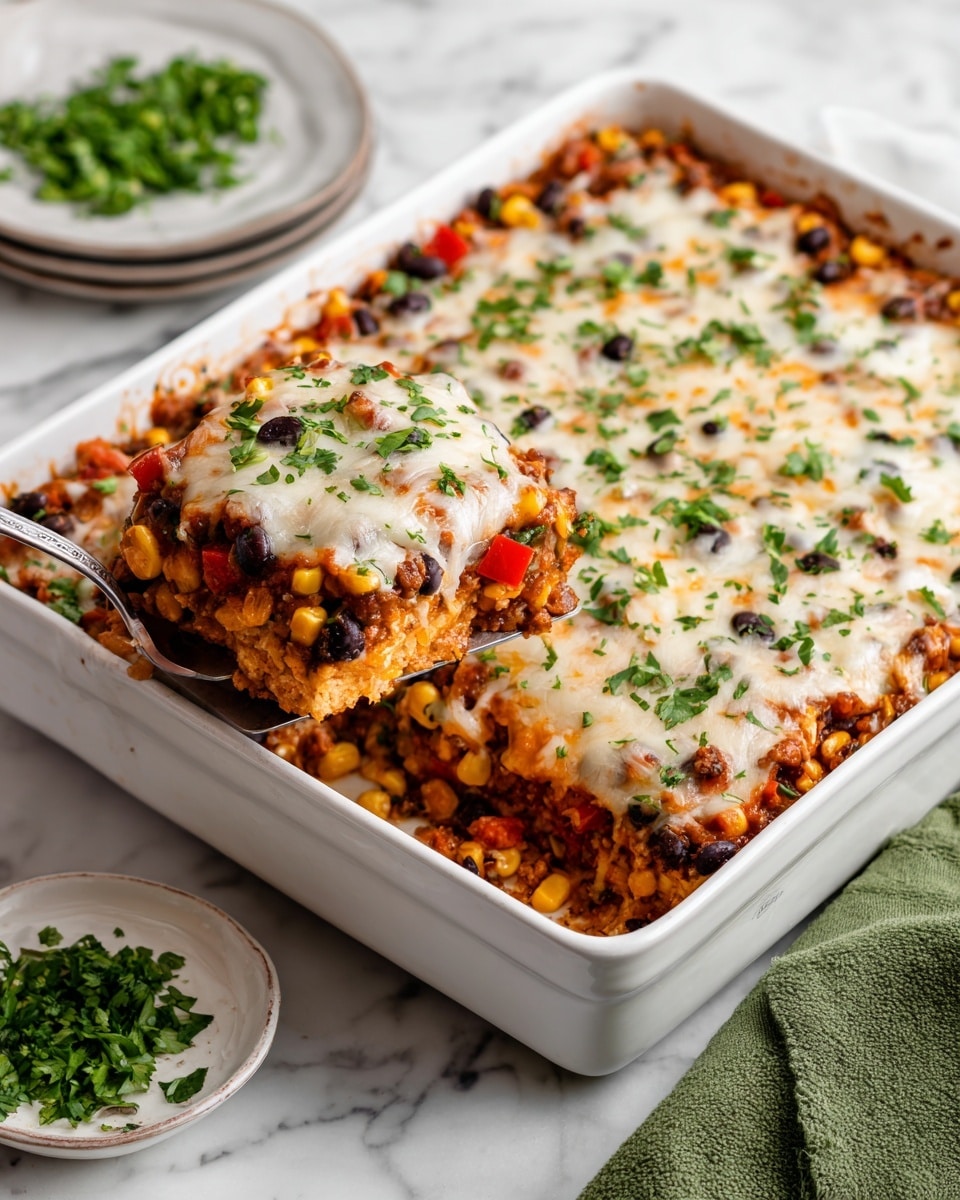 A white rectangular baking dish filled with a layered casserole, where the top layer is melted, slightly browned cheese sprinkled with black beans and chopped green herbs. Underneath the cheese, there are visible layers showing red bell pepper pieces, white corn kernels, black beans, and a crumbly, golden base mixed with cooked onions. A metal spatula lifts a portion from the corner, revealing these distinct ingredients. The dish rests on a white marbled surface, with a small white plate of chopped green herbs nearby, and a green cloth partially visible. Photo taken with an iphone --ar 4:5 --v 7