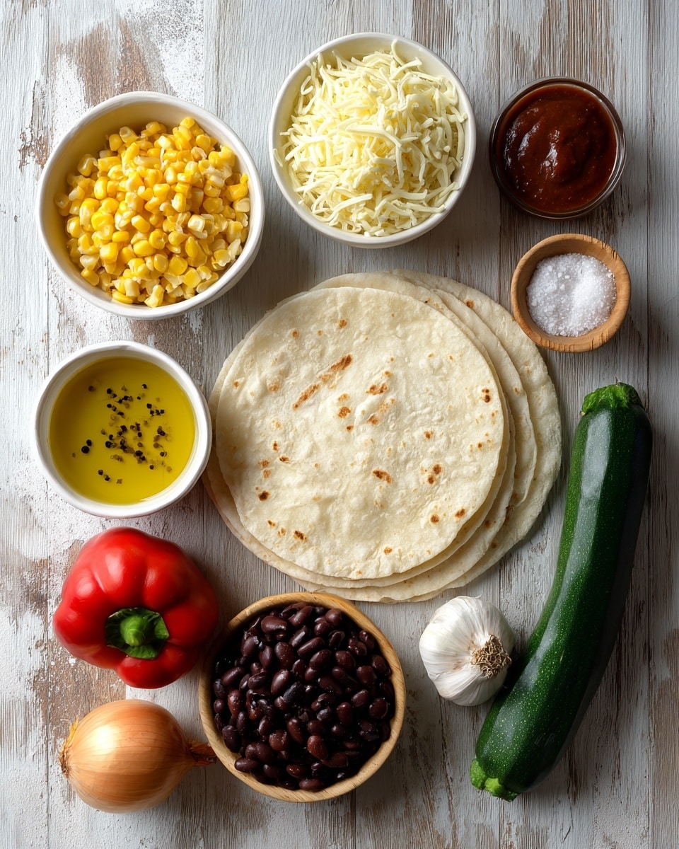 The image shows a top view of several ingredients neatly arranged on a brown wooden surface with a white marbled texture background. In the center are two light beige tortillas stacked on each other, surrounded by small white bowls holding creamy yellow shredded cheese at the top, dark red-brown sauce on the right, golden-yellow corn kernels on the bottom left, and shiny black beans on the bottom right. There is also a small wooden bowl with coarse white salt, a small white bowl of golden olive oil with black specks, a whole light brown onion at the bottom left, a bright red bell pepper next to the onion, a dark green zucchini on the right side, and a single garlic clove near the onion. photo taken with an iphone --ar 4:5 --v 7