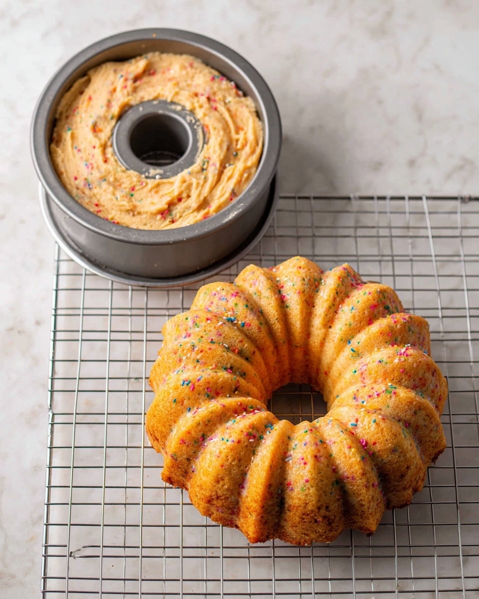 The image shows a sweet bundt cake with two views side by side on a white marbled surface. On the left side, the bundt cake is still in the gray metal bundt pan, showing one thick layer of golden brown cake batter with colorful sprinkles dotted all over. The cake has a rough but risen texture with slightly uneven top edges. On the right side, the bundt cake is out of the pan and placed on a metal cooling rack. The cake has a smooth, ridged round shape with a hole in the middle, evenly baked with a light golden brown color and colorful specks from the sprinkles seen on the surface. photo taken with an iphone --ar 4:5 --v 7