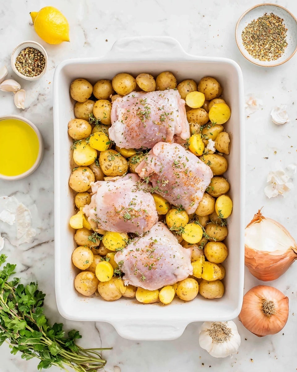 A white rectangular baking dish filled with four layers of raw, pale pink chicken thighs seasoned with black pepper and herbs, each piece placed evenly on a bed of small, golden baby potatoes, some cut in half showing their yellow inside, all sprinkled lightly with seasoning and herbs. Around the dish, on a white marbled surface, there are garlic cloves, fresh green herbs, a shallot, a yellow lemon, small bowls with seasoning, and a small bowl filled with yellow oil. The lighting highlights the fresh and natural look of the ingredients, creating a clean and inviting scene photo taken with an iphone --ar 4:5 --v 7