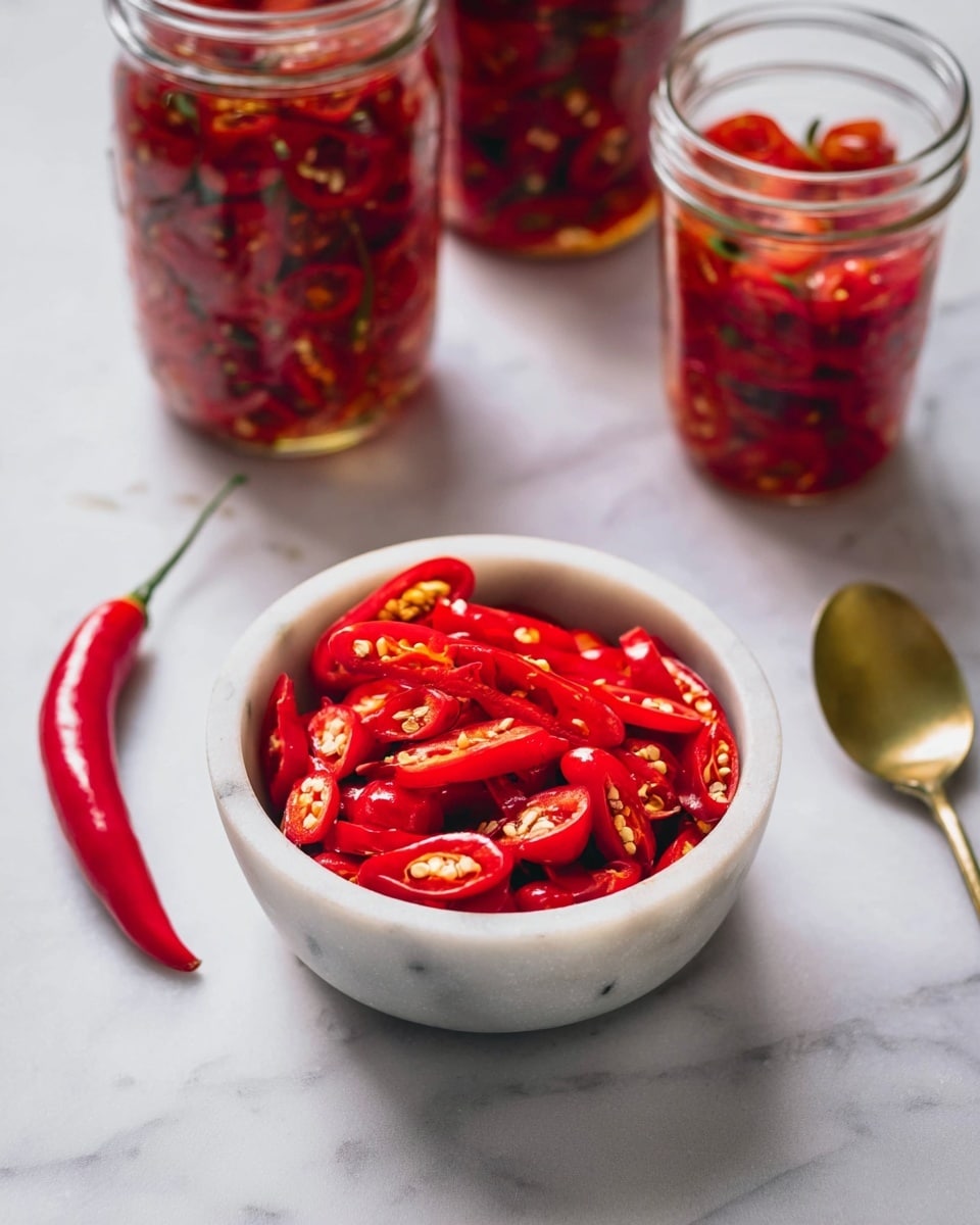 The image shows a white marble bowl filled with many bright red chili slices, each with visible seeds and a shiny, smooth texture. Behind the bowl are three glass jars full of sliced red chilies soaked in a reddish liquid, showing reflections on the jar surfaces. A single whole red chili lies on the white marbled surface near the bowl. To the right of the bowl is a gold-colored spoon placed flat on the surface. The scene is lit softly, highlighting the vibrant red chilies against the white marble background. photo taken with an iphone --ar 4:5 --v 7