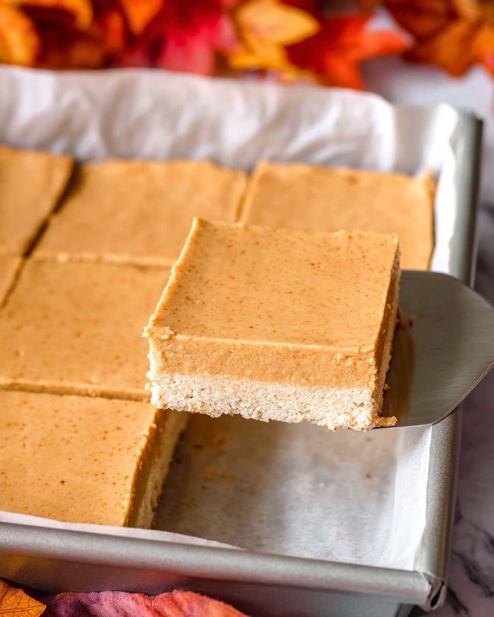A close-up view of a rectangular dessert in a metal baking pan lined with parchment paper, showing one square piece being lifted by a spatula. The dessert has two layers: a bottom crust that is pale and slightly crumbly, and a thick, smooth, light brown top layer that looks creamy and firm. The top layer is evenly spread and has small specks, with clean edges along the square cuts. The background includes soft orange and red fall leaves with a white marbled surface underneath. Photo taken with an iphone --ar 4:5 --v 7