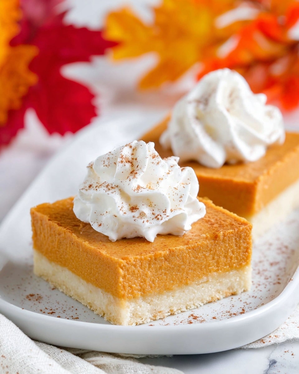 The image shows two square pieces of pumpkin dessert on a white plate, each with two layers: a thick, smooth, orange pumpkin layer on top and a thin, pale crust layer at the bottom. On top of each piece, there is a generous swirl of white whipped cream sprinkled lightly with brown spice powder. The plate is placed on a white marbled surface with a white cloth near the edges and colorful orange and red autumn leaves blurred in the background. The lighting is bright, highlighting the creamy texture of the pumpkin layer and the softness of the whipped cream. photo taken with an iphone --ar 4:5 --v 7