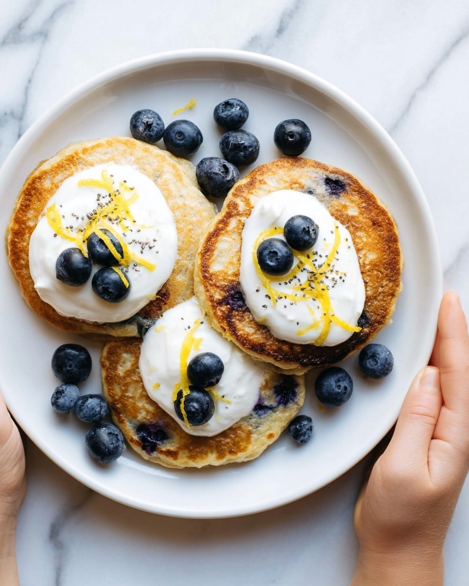 A white plate holds three round, golden-brown pancakes with visible blueberries inside, arranged closely together. Each pancake has a smooth, white dollop of cream or yogurt on top. The cream is garnished with four fresh blueberries and thin strips of yellow lemon zest, sprinkled with tiny black chia seeds. Around the pancakes, scattered fresh blueberries add contrast. To the right of the plate, a woman’s hand is gently touching it. The background is a white marbled surface. photo taken with an iphone --ar 4:5 --v 7
