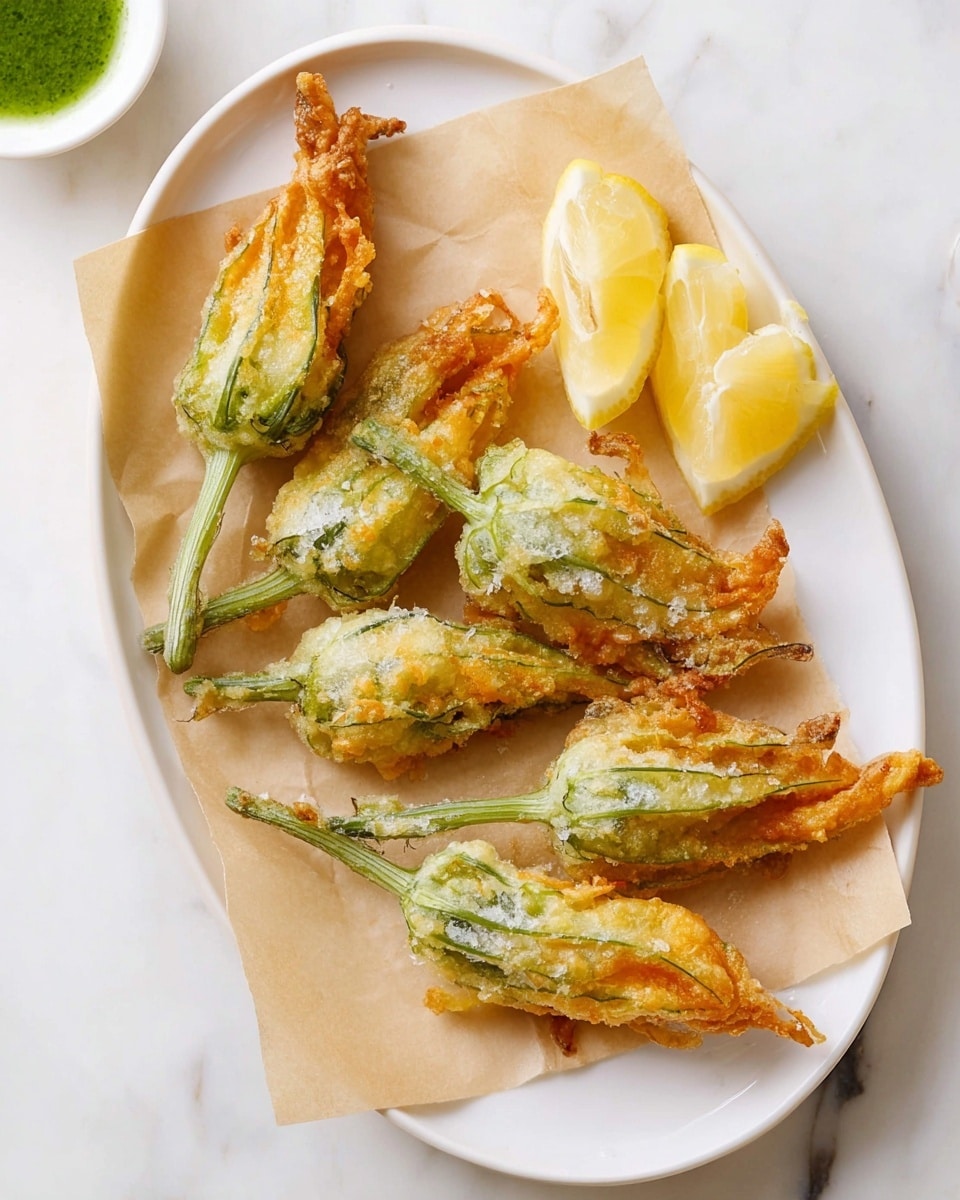 A white oval plate holds six fried squash blossoms laid on light brown parchment paper, each blossom coated in a light, crispy golden batter with green stems visible under the crispy coating; two lemon halves with bright yellow flesh are placed on the top right side of the plate. The surface beneath the plate is white marbled. A small white bowl with green sauce slightly appears at the top left corner of the image photo taken with an iphone --ar 4:5 --v 7