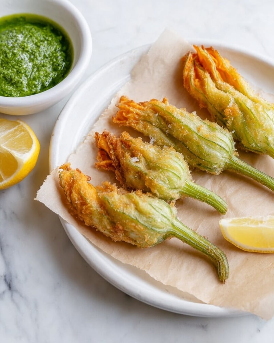 The image shows a white plate with a piece of light brown parchment paper on top. On the parchment paper, there are five fried squash blossoms with a light golden crispy texture and slightly green stems. To the left of the plate, there is a small white bowl filled with a green sauce that looks like pesto and a lemon wedge placed next to the bowl. The background is a white marbled surface. photo taken with an iphone --ar 4:5 --v 7