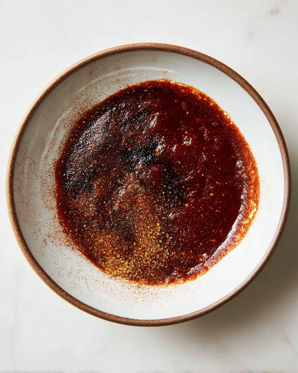 A shallow white bowl with a thin brown rim holds a thick layer of dark reddish-brown sauce spread irregularly across the bottom. The sauce has a textured surface with some glossy and some matte areas. There are several spots sprinkled with finely ground black and yellowish spices, concentrated mostly on the left side, creating a speckled effect. The bowl sits on a white marbled surface with a clean and minimal look. photo taken with an iphone --ar 4:5 --v 7