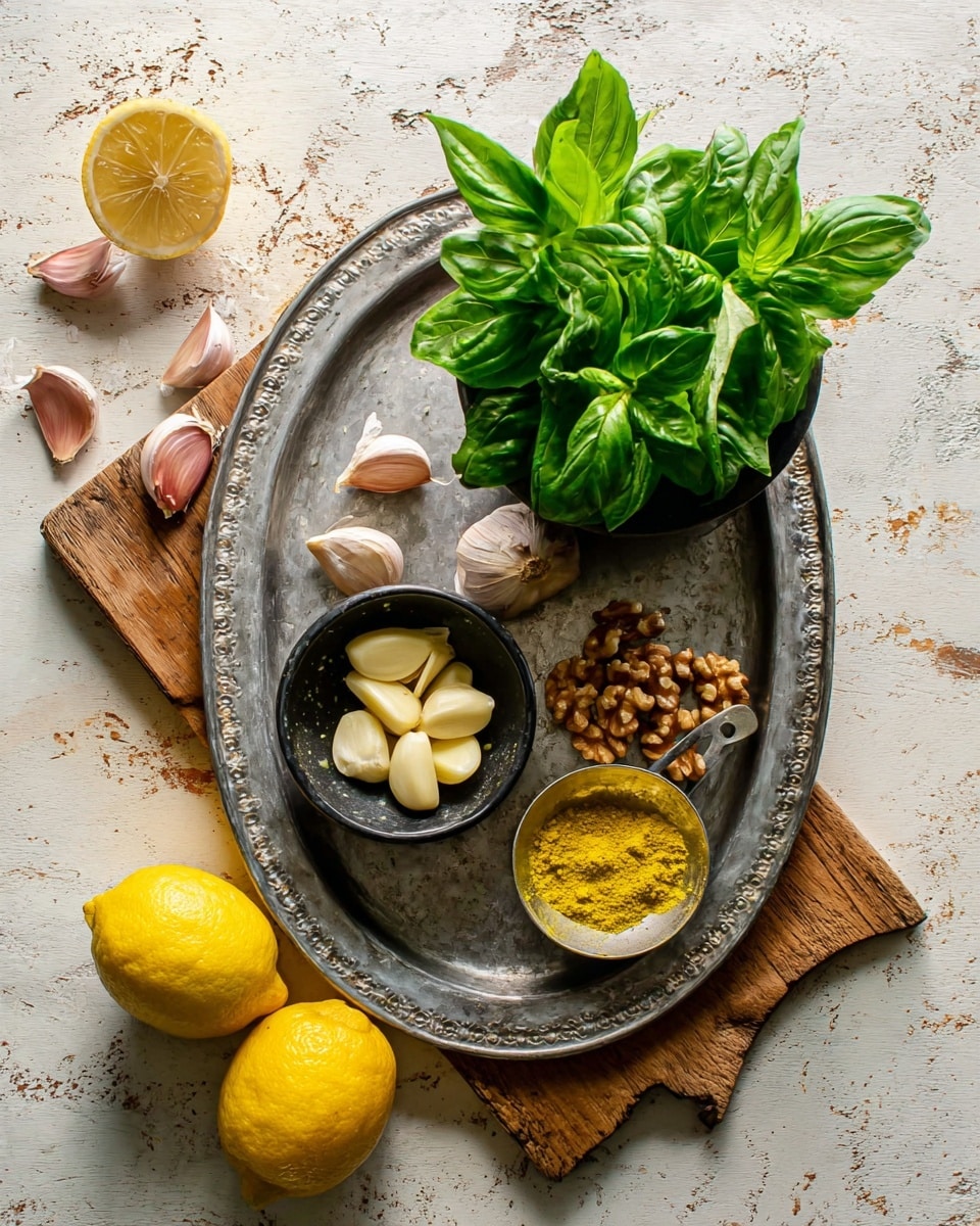 A silver oval tray with a rough texture sits on a white marbled surface. On the tray, there is a small black bowl filled with peeled garlic cloves, a bunch of fresh green basil leaves in a round black bowl positioned toward the top left, a few whole garlic bulbs with loose garlic skins scattered nearby, a small rustic bowl filled with a yellow powder, a metal measuring cup with pieces of walnuts, and two lemon wedges placed near the walnuts. Off to the side on a wooden cutting board, there are two whole lemons and one lemon half. The colors are vibrant, showing bright green, yellow, white, and brown tones in natural light. Photo taken with an iphone --ar 4:5 --v 7
