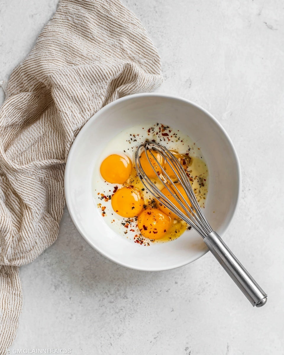A white bowl is placed on a white marbled surface, containing five bright yellow egg yolks resting on a layer of white cream. On top of the mixture, there are sprinkles of black pepper and red paprika, adding small spots of black and red. A metal whisk with a silver handle is inside the bowl, resting slightly to the right side. To the left of the bowl, a beige and white striped cloth is casually folded. Photo taken with an iphone --ar 4:5 --v 7