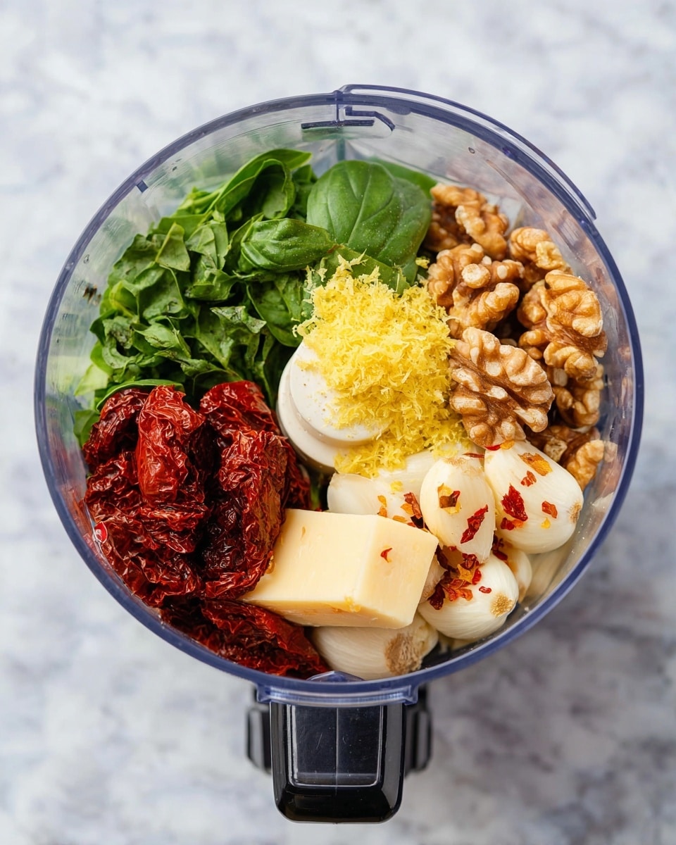 The image shows a clear food processor bowl filled with ingredients arranged in separate sections. One part has bright green fresh basil leaves, next to them is a small mound of yellow lemon zest. Adjacent to the zest are several deep red sun-dried tomatoes, which look oily and soft. On another side, there are several walnut halves, light brown and textured. Next to walnuts, there are whole garlic cloves, smooth and white, resting on a block of pale yellow cheese with a slight crumbly texture, sprinkled with a few red chili flakes. The food processor is placed on a white marbled surface. photo taken with an iphone --ar 4:5 --v 7