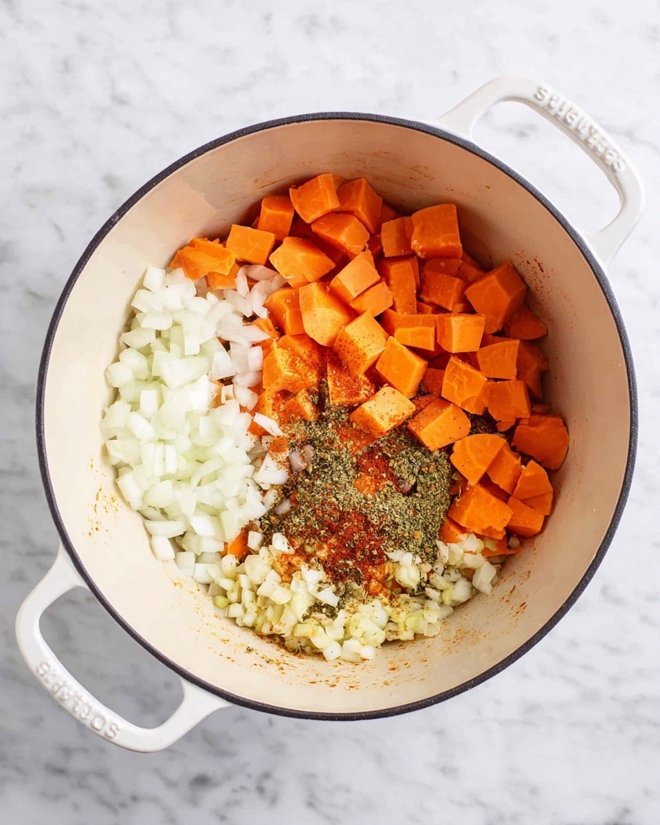A white pot with two handles sits on a white marbled surface. Inside the pot, on the left side, there is a layer of finely chopped white onion, and above it, diced orange sweet potatoes form another layer. On the right side, close to the onions and sweet potatoes, there is a pile of minced garlic with small bits, topped with different green and red spices that are spread around, creating speckled spots. The inside of the pot has slight traces of brown cooking marks. photo taken with an iphone --ar 4:5 --v 7
