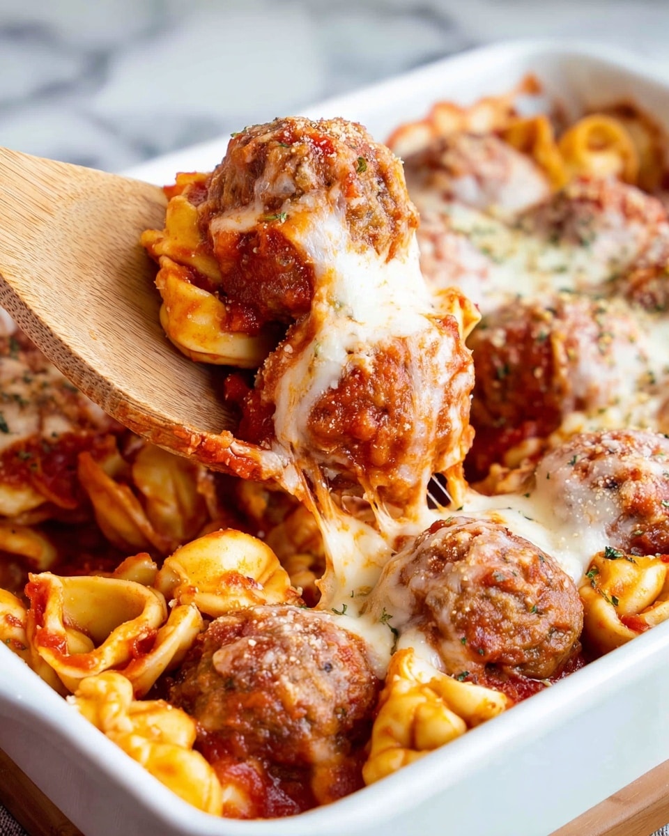The image shows a close-up of a white rectangular dish filled with three layers: a bottom layer of cooked tortellini pasta in a rich red tomato sauce, a middle layer of large, round meatballs with a slightly browned surface, and a top layer of melted, stringy white cheese spreading over the pasta and meatballs. A wooden spoon is lifting a meatball and pasta, highlighting the textures of the soft pasta, the firm meatball, and the gooey cheese. The dish is placed on a white marbled surface. Photo taken with an iphone --ar 4:5 --v 7