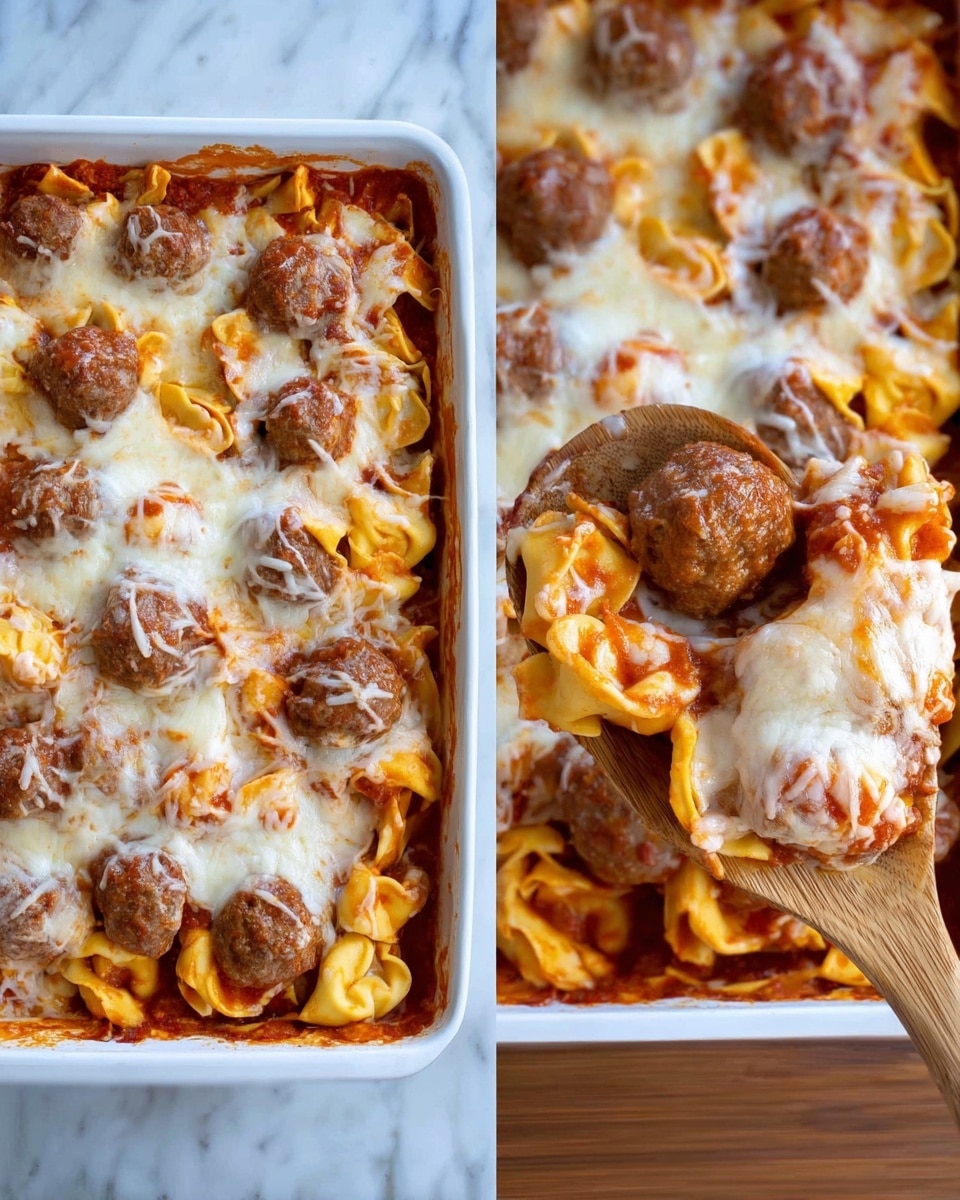 The image shows a white rectangular baking dish filled with two main layers. The bottom layer is made of tortellini pasta, light yellow-orange in color, coated with red tomato sauce. Scattered on top of the pasta are several round brown meatballs. The entire dish is lightly topped with melted white cheese that creates soft, thin, stringy patches across the surface. A wooden spoon lifts one meatball and some pasta from the dish. The dish is placed on a wooden surface with a white marbled texture background. Photo taken with an iphone --ar 4:5 --v 7