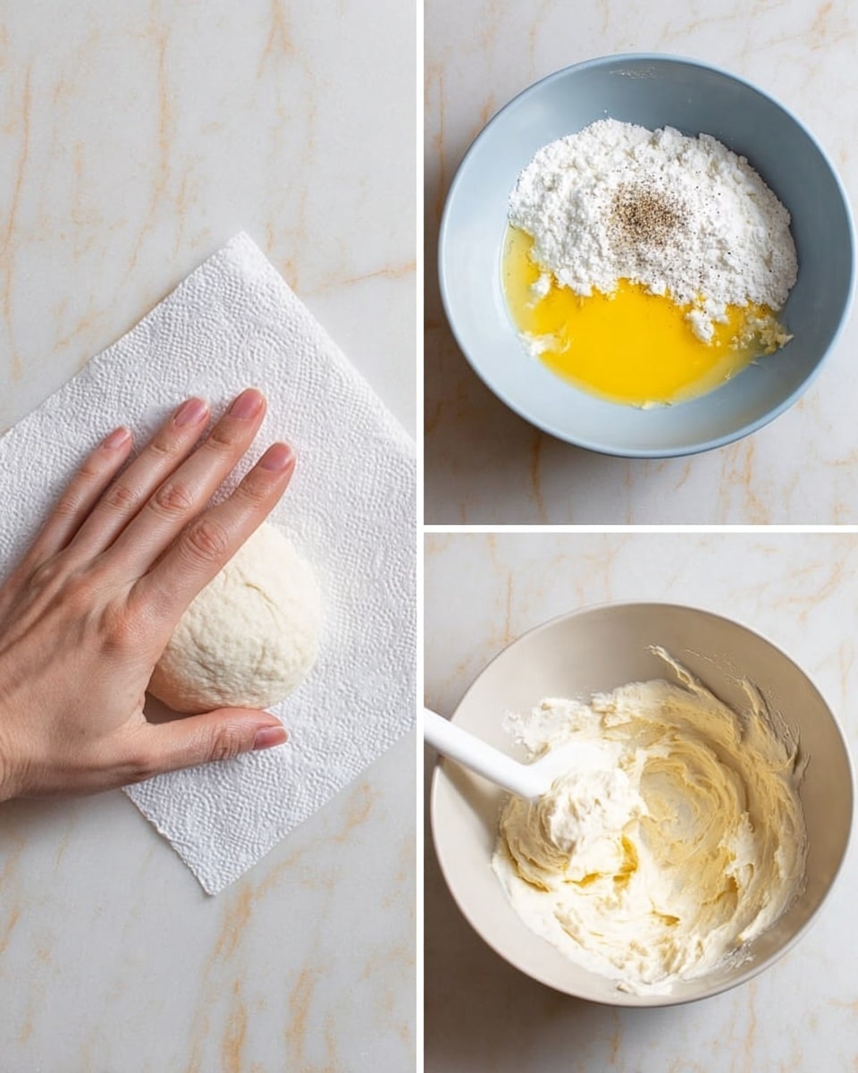 The first image shows a woman's hand resting on a folded white paper towel with a small dough ball under the towel, on a white marbled surface. The second image displays a white bowl filled with several distinct layers: a yellow egg wash at the bottom, white flour and white ricotta cheese on top, with some black pepper sprinkled over the cheese, all arranged in separate sections inside the bowl. The third image shows the same white bowl now containing a thick, creamy dough mixture being stirred with a white spatula, with bits of the mixture sticking to the sides of the bowl, on the same white marbled surface. photo taken with an iphone --ar 4:5 --v 7