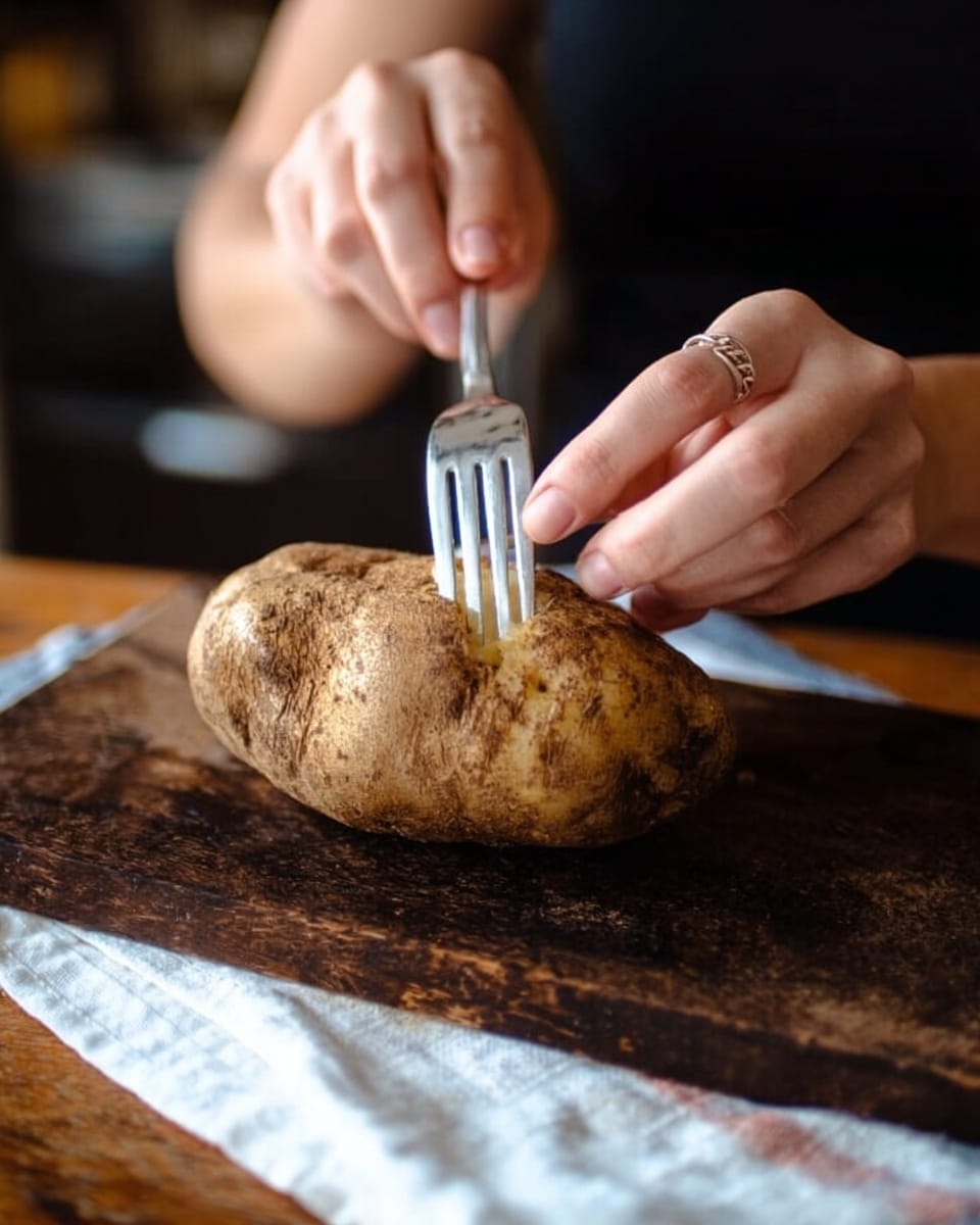 A close-up image showing a woman's hand holding a dirty potato while another woman's hand is using a fork to poke the potato. The potato has rough, brown skin with visible dirt patches. Both hands are positioned over a dark wooden cutting board with a white cloth partially visible beneath the potato. The background is out of focus, and the setting looks like a kitchen. photo taken with an iphone --ar 4:5 --v 7
