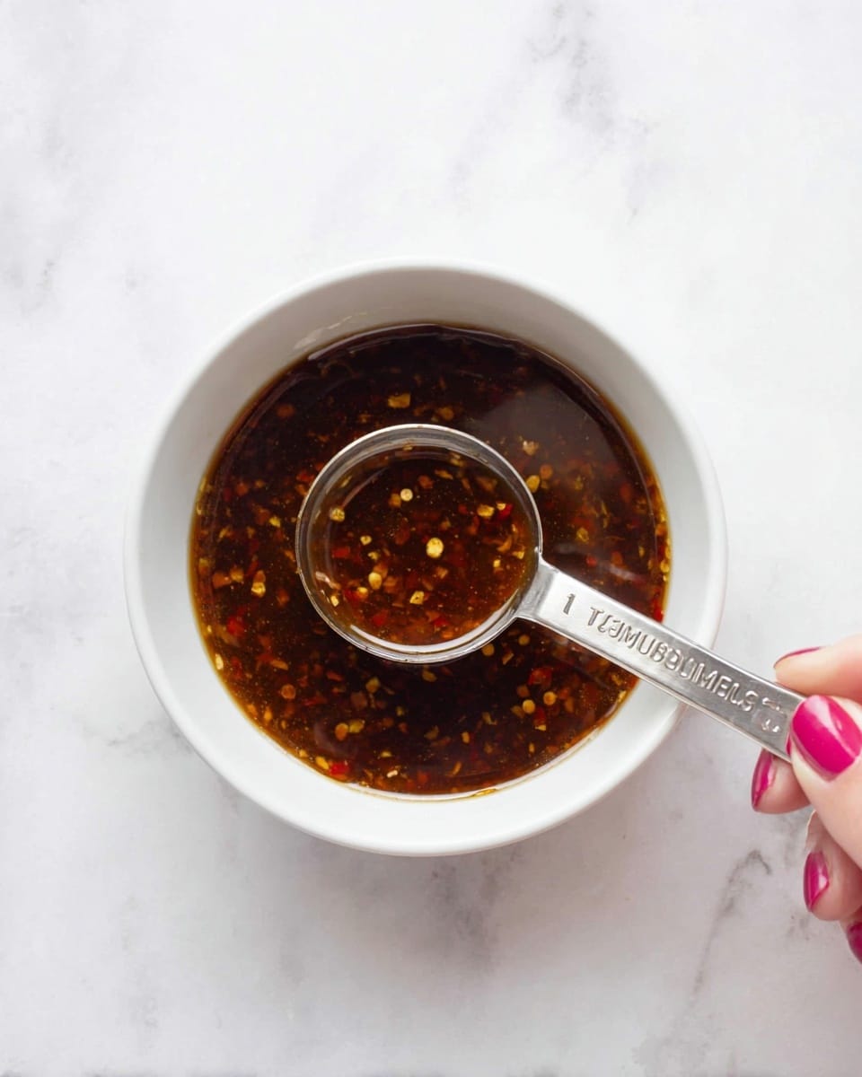 A white bowl filled with dark brown sauce that has small bits of red, orange, and yellow spices floating throughout. A silver measuring spoon with