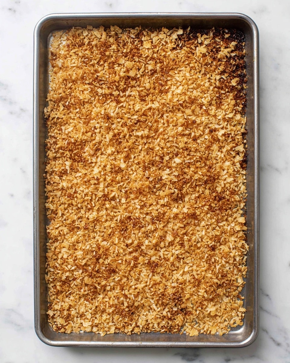 A rectangular metal baking tray filled with a single layer of golden brown toasted rice. The rice grains are spread evenly across the tray, with some darker crispy bits scattered throughout, giving a rough, crunchy texture. The colors range from light golden to deep brown in places, showing a well-toasted surface. The tray is placed on a white marbled surface. photo taken with an iphone --ar 4:5 --v 7