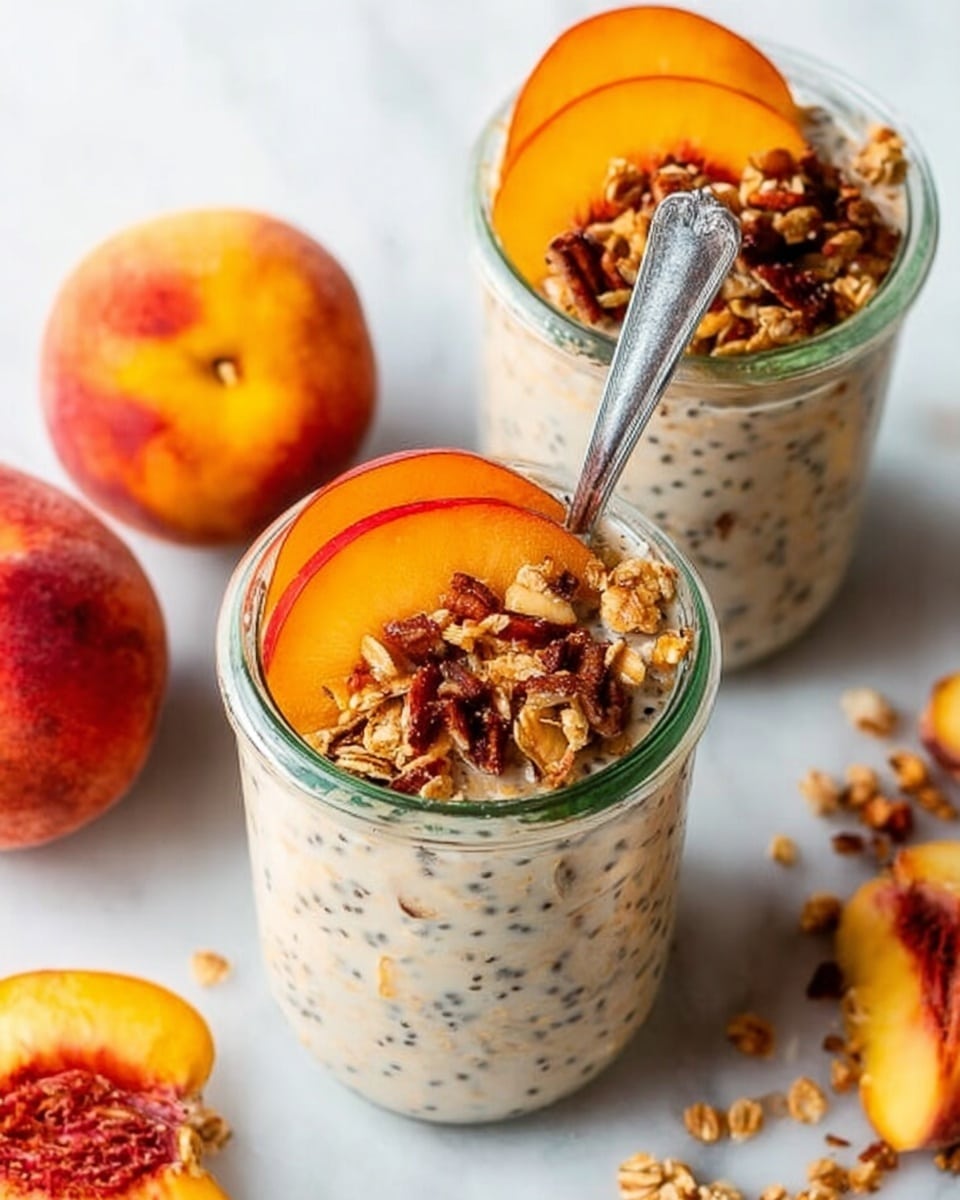 The image shows two clear glass jars filled with creamy overnight oats that have small black seeds mixed in, giving a speckled look. On top of the oats in the front jar, there are fresh peach slices with a reddish-orange color layered near the center, and a layer of crunchy granola with nuts in light to dark brown shades scattered over and around the peach pieces. A silver spoon stands inside the jar. The jars sit on a white marbled surface, surrounded by whole and half peaches with bright orange and red tones. Some granola crumbs are spread casually on the surface. The overall look is fresh and inviting. photo taken with an iphone --ar 4:5 --v 7