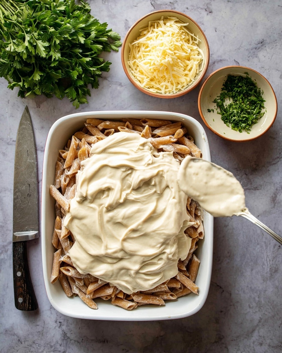 The image shows a white rectangular baking dish with three visible layers: the bottom layer is a browned base, the middle layer is light brown penne pasta with some shredded cheese sprinkled on it, and the top layer is a thick, creamy, pale beige sauce being spread by a spoon. Above the dish, there are two small bowls on a white marbled surface—one with shredded cheese and one with the same creamy sauce. On the left side, a bunch of fresh green parsley and a knife with some chopped parsley near the blade lay on the surface. Photo taken with an iphone --ar 4:5 --v 7