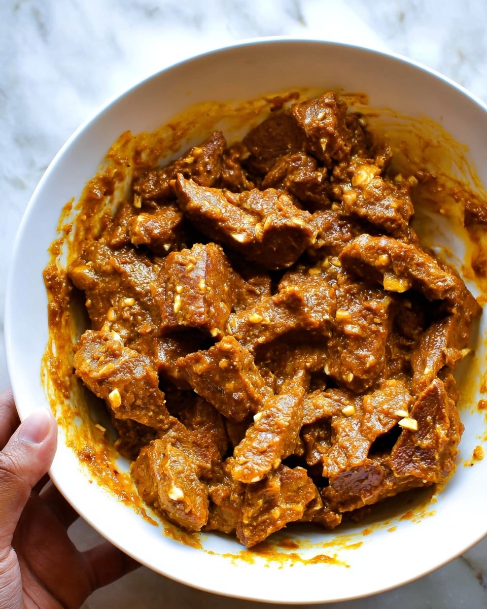 A close-up view of a white bowl filled with medium-sized pieces of brown marinated meat coated thickly in an orange-brown sauce with visible bits of minced garlic scattered on top and mixed throughout. The sauce looks oily and rich with a slightly coarse texture. A woman's hand is holding the edge of the bowl from the lower left corner. The background shows a white marbled surface. photo taken with an iphone --ar 4:5 --v 7