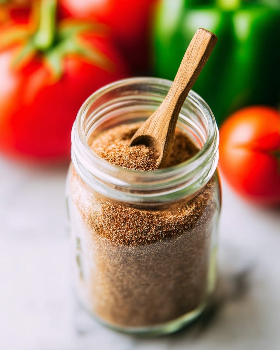 A clear glass jar filled with fine brown spice powder fills most of the frame. The jar is open with a small wooden spoon standing upright inside it. The background is softly blurred, showing red tomatoes on the right and green peppers on the left, all resting on a white marbled surface. The lighting is bright and natural, highlighting the texture of the spice powder inside the jar. Photo taken with an iphone --ar 4:5 --v 7