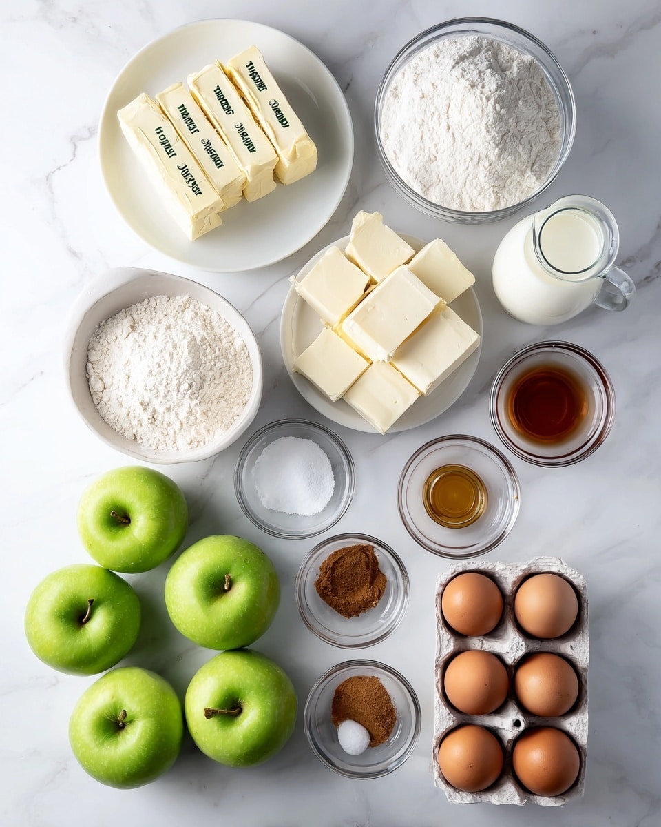 The image shows an overhead view of several ingredients arranged on a white marbled surface. There are six bright green apples grouped together in the lower left. Above them is a white bowl filled with fine white flour. Next to the bowl, there are three sticks of salted butter stacked, light yellow in color with printed black text. Nearby is a white plate holding four blocks of cream cheese, which are square and white. Several small glass bowls hold different ingredients: one has brown sugar in a round shape, another contains powdered sugar, another has vanilla extract, and smaller bowls contain salt, ground cinnamon, and baking powder. On the right side, there is a white container filled with brown eggs, while a clear glass jar holds milk. The setup is neat, bright, and clear. Photo taken with an iphone --ar 4:5 --v 7