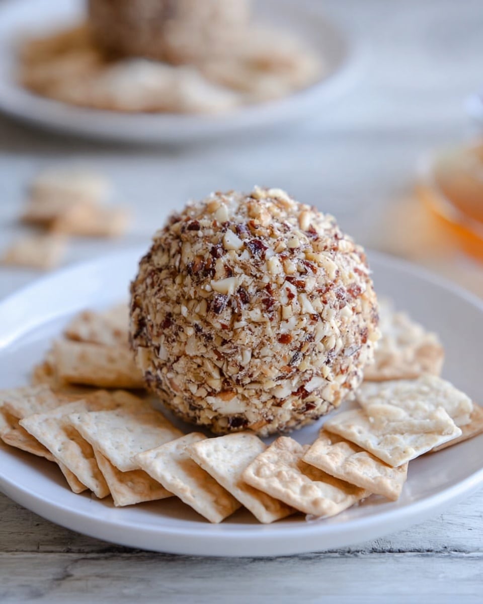 A round ball covered in small pieces of nuts and light brown bits sits in the center of a white plate. Around the ball, there is a layer of square and rectangular crackers, various shades of beige with a slightly rough texture. The plate rests on a white marbled surface. In the background, there is another white plate with a similar ball and crackers, slightly blurred. Photo taken with an iphone --ar 4:5 --v 7