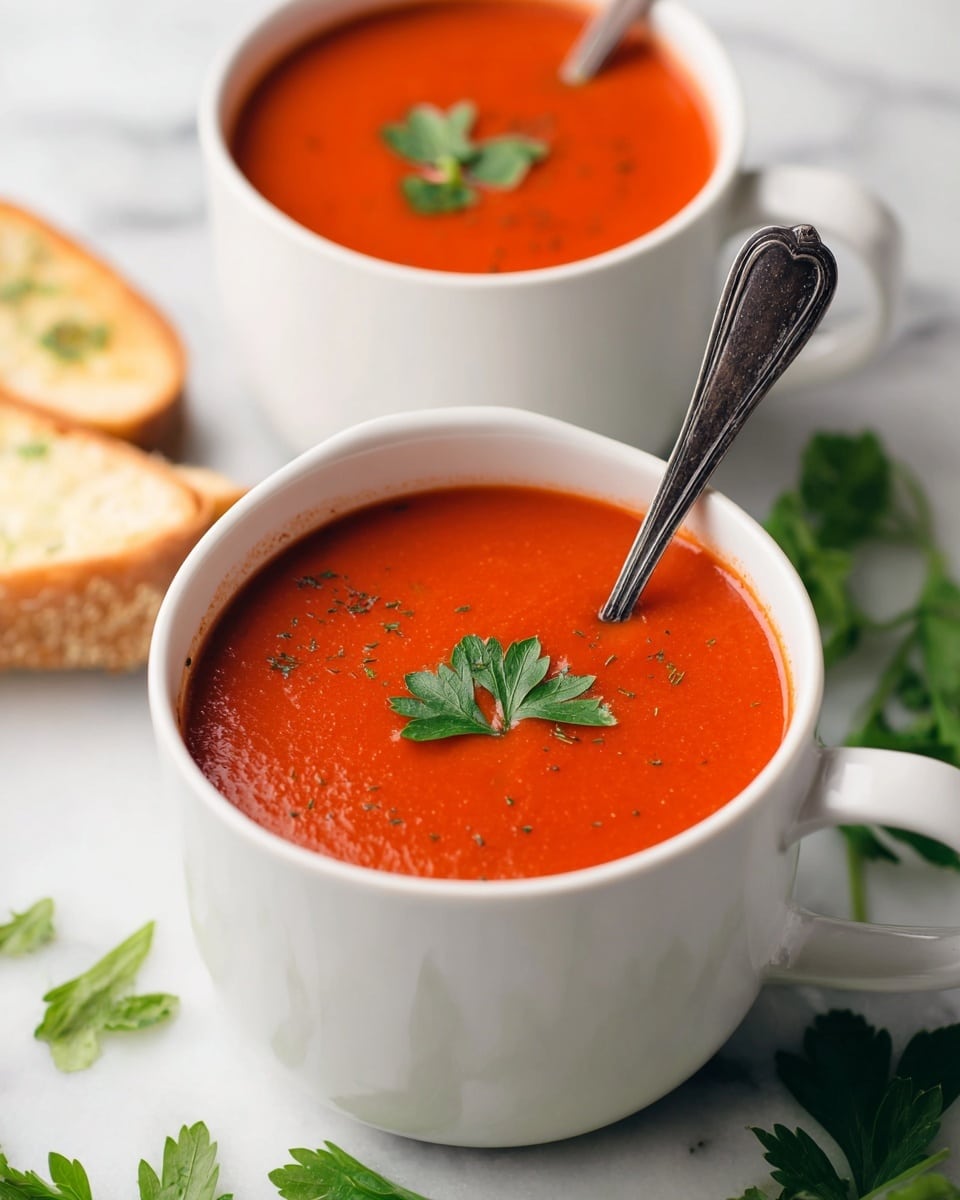 A shiny silver pot filled with smooth, thick, bright red tomato soup, with a silver whisk resting inside it. The pot has a black handle and is placed on a white marbled surface. Around the pot, fresh bright green parsley sprigs are scattered, adding a fresh touch of color to the scene. The photo shows a clean and simple kitchen vibe, photo taken with an iphone --ar 4:5 --v 7
