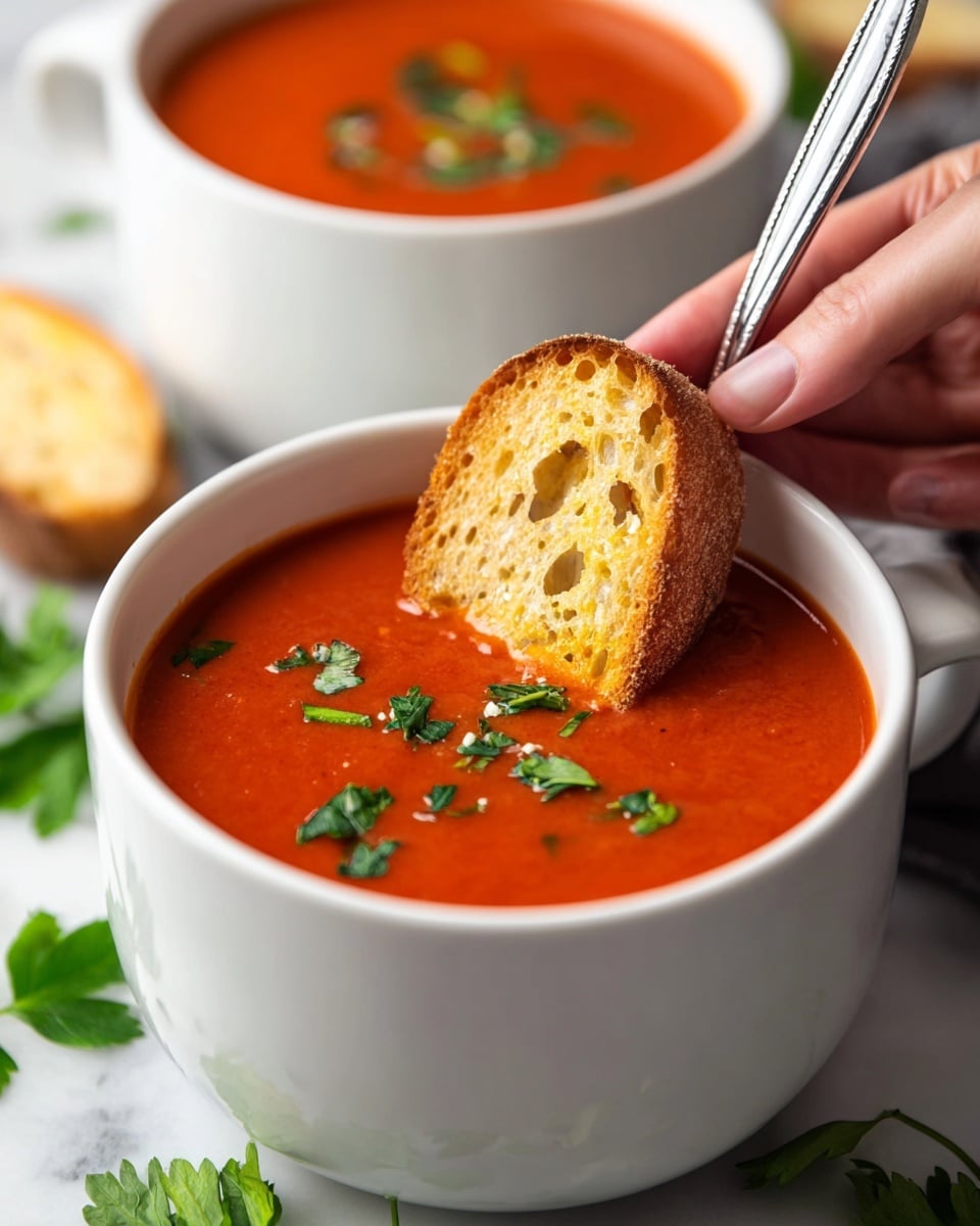 Two white mugs filled with smooth, bright red tomato soup, each topped with a small fresh green parsley leaf. Each mug contains a rustic, dark metal spoon placed inside, leaning on the mug's edge. The mugs rest on a white marbled surface scattered with loose parsley leaves and two slices of light golden toasted bread in the background. The photo has a close-up focus on the soup's creamy texture with soft natural light. Photo taken with an iphone --ar 4:5 --v 7