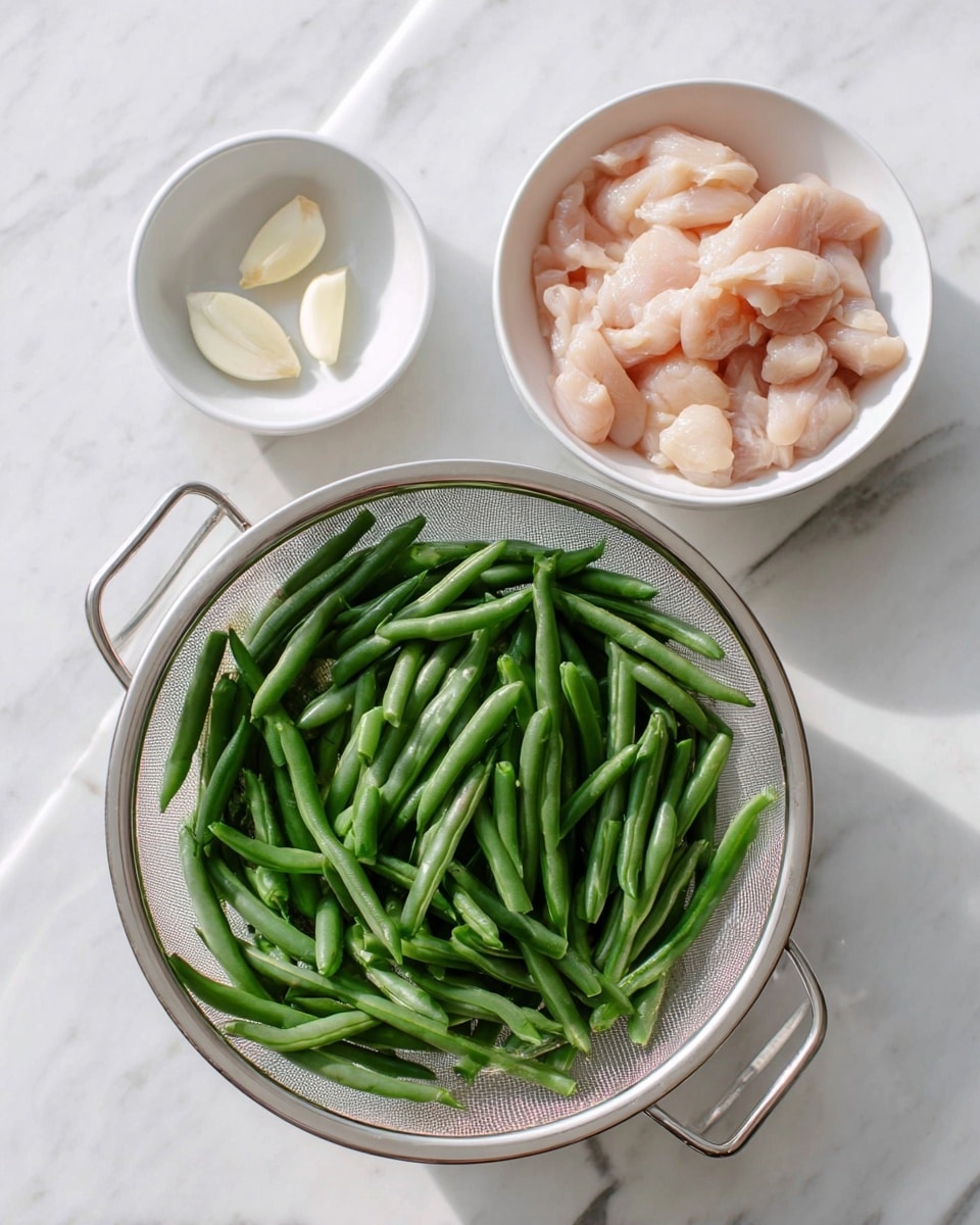 The image shows three items placed on a white marbled surface: a round silver metal colander filled with fresh, whole green beans that are crisp and vibrant, a white bowl holding small pieces of raw chicken with a light pink color and smooth texture, and a small white bowl containing three cloves of peeled garlic, off-white in color and smooth. The arrangement is simple and spaced out with natural light highlighting the freshness of the ingredients, photo taken with an iphone --ar 4:5 --v 7