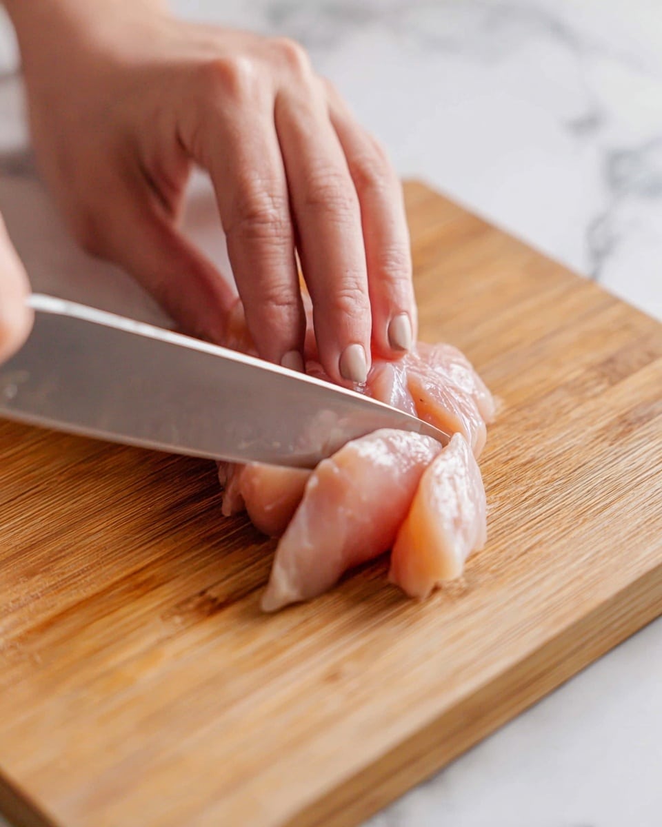 The image shows a close-up of a woman's hand holding a small piece of light pink raw chicken on a smooth wooden cutting board. A shiny steel knife is held in the other woman's hand, slicing the chicken into smaller pieces. The background features a white marbled surface, giving a clean and fresh look to the scene. Photo taken with an iphone --ar 4:5 --v 7