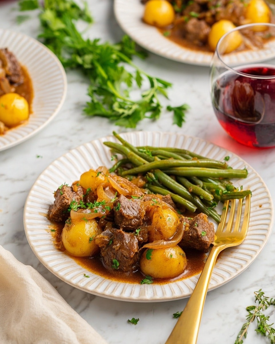 On a white fluted plate, there is a serving of stew with chunks of brown meat, whole yellow-brown potatoes, and brown cooked onions mixed with a rich brown sauce, garnished with green parsley pieces scattered on top. To one side of the plate, there is a pile of soft green beans with a slightly shiny texture. A golden fork rests on the plate’s edge, and there are fresh green herbs placed beside the plate on a white marbled surface. In the background, there is a clear glass filled with dark red liquid and parts of two more white plates with similar food visible. The photo taken with an iphone --ar 4:5 --v 7