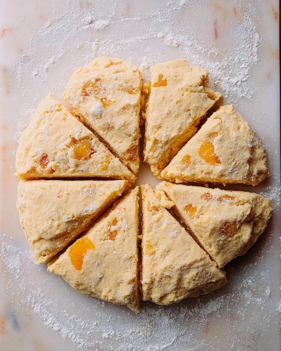 A round dough circle divided into eight triangular slices lies on a floured white marbled surface. The dough is pale yellow with visible small chunks of orange fruit evenly spread throughout. Some parts of the dough have light flour dusting. The dough texture looks soft and crumbly. photo taken with an iphone --ar 4:5 --v 7