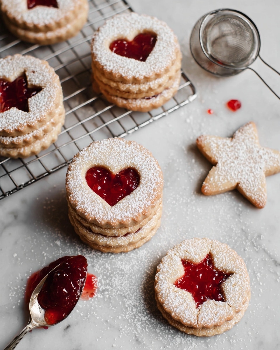 The image shows a group of layered cookies on a white marbled surface, each made of two light golden layers of dough with a center filled with bright red jam. The top cookie layer has a small heart or star-shaped cut-out revealing the shiny jam inside. The dough is dusted with powdered sugar, creating a soft white layer over the cookies. To the left, some cookies are stacked on a metal cooling rack, while others lie flat next to it. A spoon with some of the same red jam rests on the surface near the bottom left, and a metal tea infuser sits on the right side. The whole scene looks bright and clean with a soft natural light. photo taken with an iphone --ar 4:5 --v 7