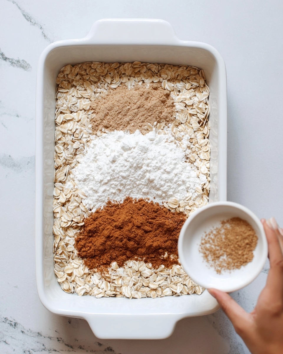 A white rectangular baking dish holds dry ingredients for a recipe, with a base layer of light brown rolled oats spread evenly across the bottom. On top of the oats, there are three separate piles of white flour, medium brown cinnamon, and light brown nutmeg located centrally. A woman's hand is partially visible in the bottom right corner holding a small white round dish containing the same spices being added to the baking dish. The scene is set on a white marbled surface. Photo taken with an iphone --ar 4:5 --v 7